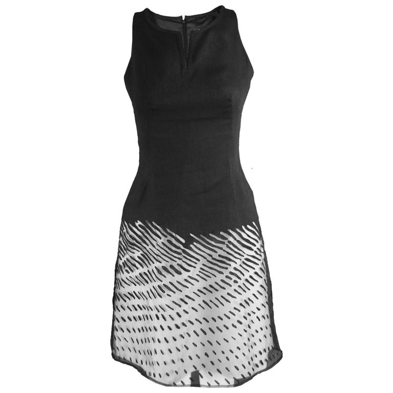 Kenzo Vintage Black Linen and Flocked Organza Sleeveless Dress, 1990s