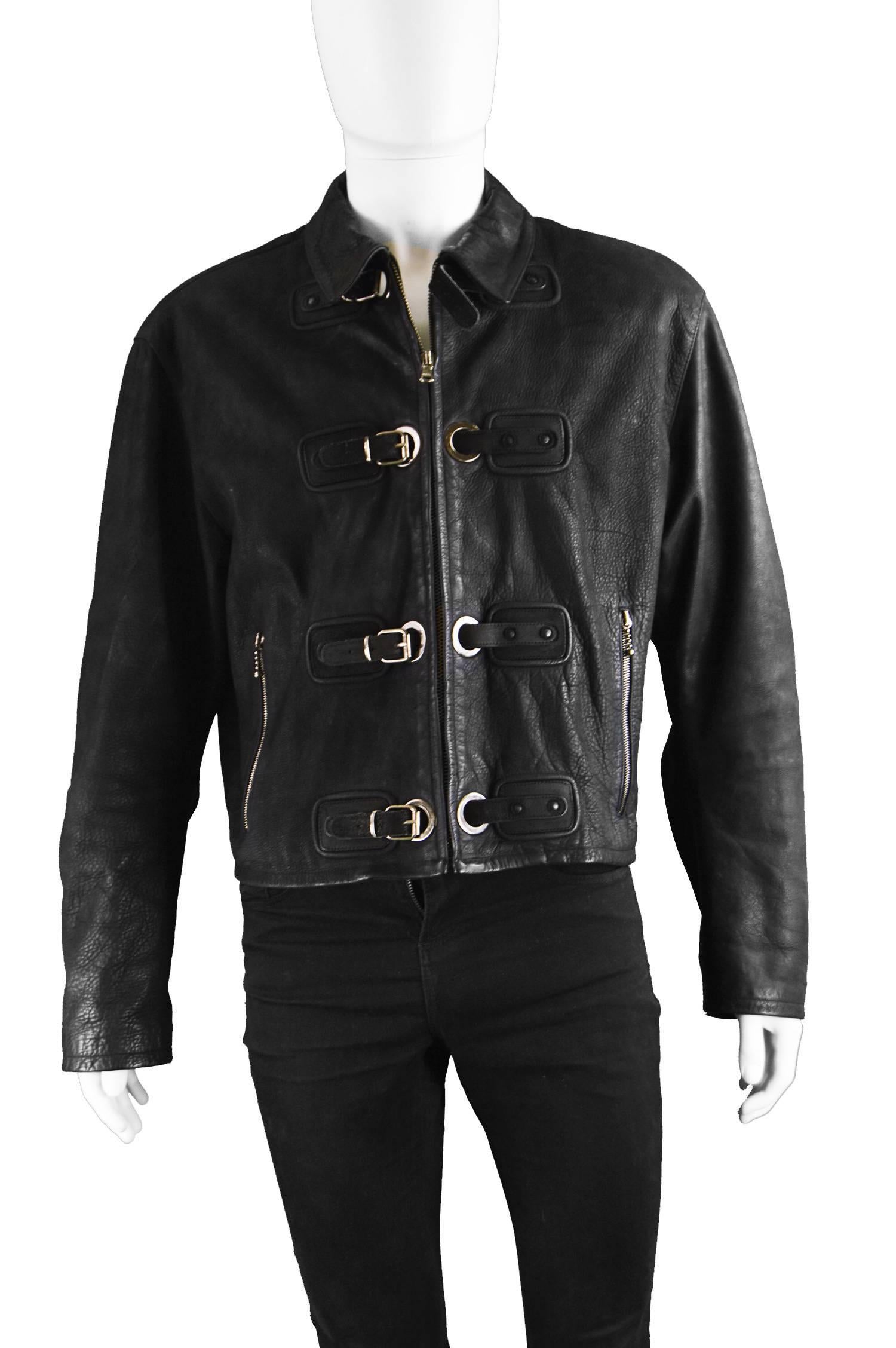 Calugi E Giannelli Men's Black Buckle Detail Italian Leather Jacket, s