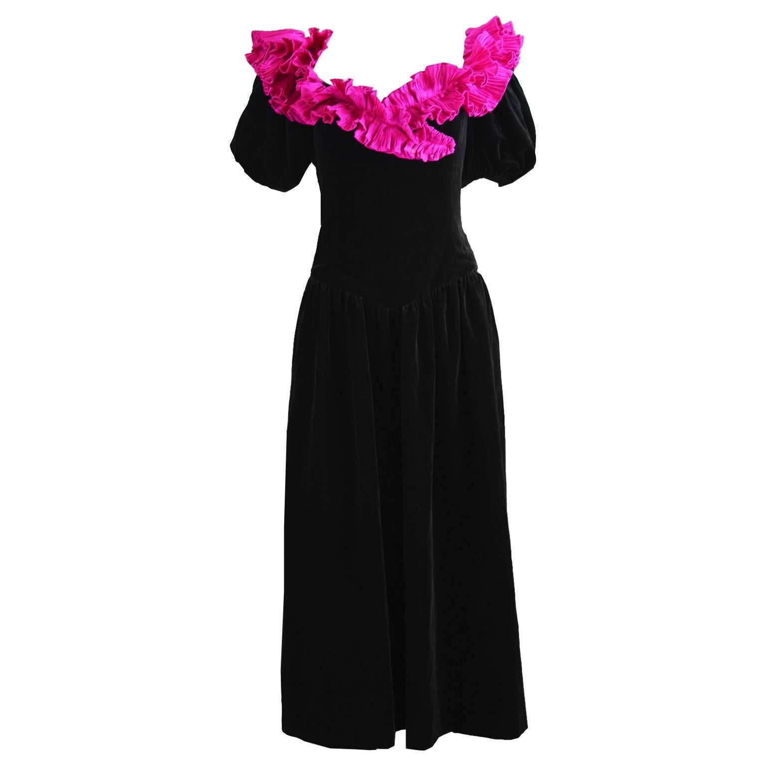 Gina Fratini Vintage Black Velvet and Pleated Fuchsia Evening Dress, 1980s 