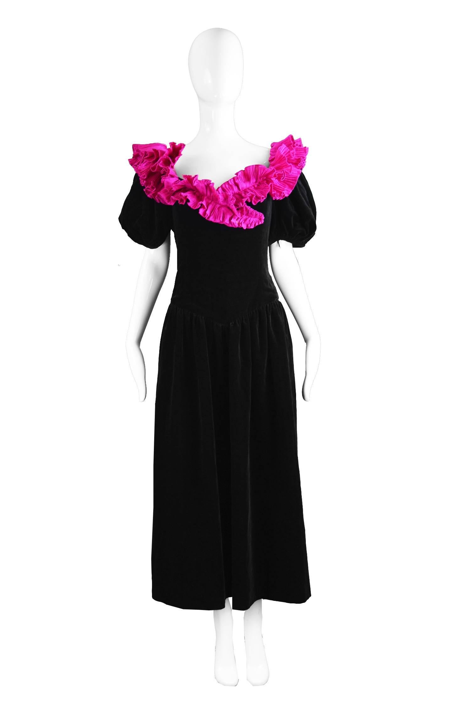 Gina Fratini Vintage Black Velvet & Pleated Fuchsia Evening Dress, 1980s 

Estimated Size: UK 12-14/ US 8-10/ EU 40-42. Please check measurements.
Bust - 36” / 91cm
Waist - 32” / 81cm
Hips - Free
Length (Shoulder to Hem) - 49” /