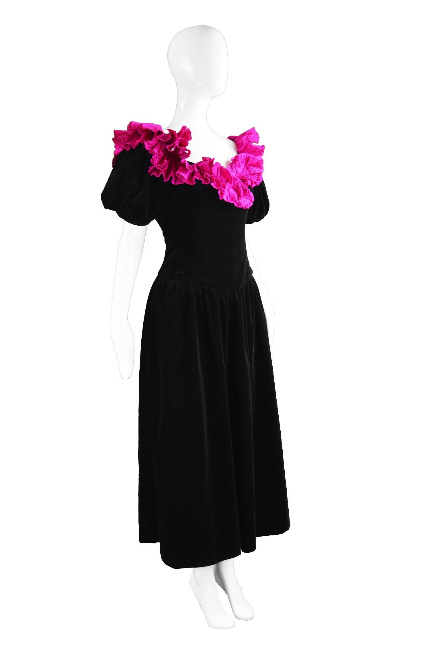 Women's Gina Fratini Vintage Black Velvet and Pleated Fuchsia Evening Dress, 1980s  For Sale