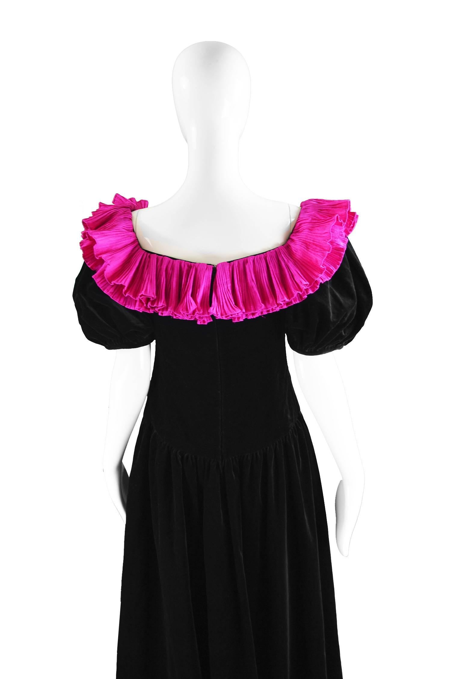 Gina Fratini Vintage Black Velvet and Pleated Fuchsia Evening Dress, 1980s  For Sale 3
