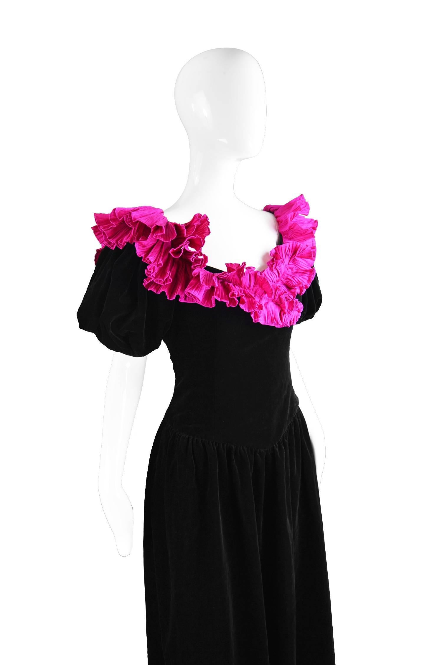 Gina Fratini Vintage Black Velvet and Pleated Fuchsia Evening Dress, 1980s  1