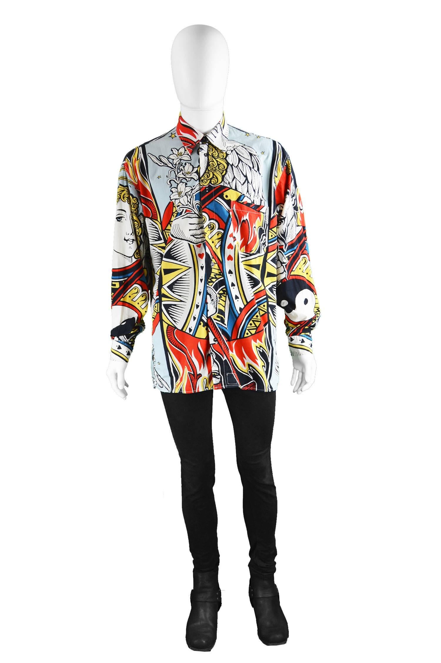 Moschino Devil, Angel & Yin Yang Men's Cotton Button Up Shirt, c. 1991

Size: Marked Medium but this gives a loose, oversized fit as pictured so would also suit men’s Large.
Chest - 48” / 122cm
Length (Shoulder to Hem) - 29” / 73cm
Shoulder to