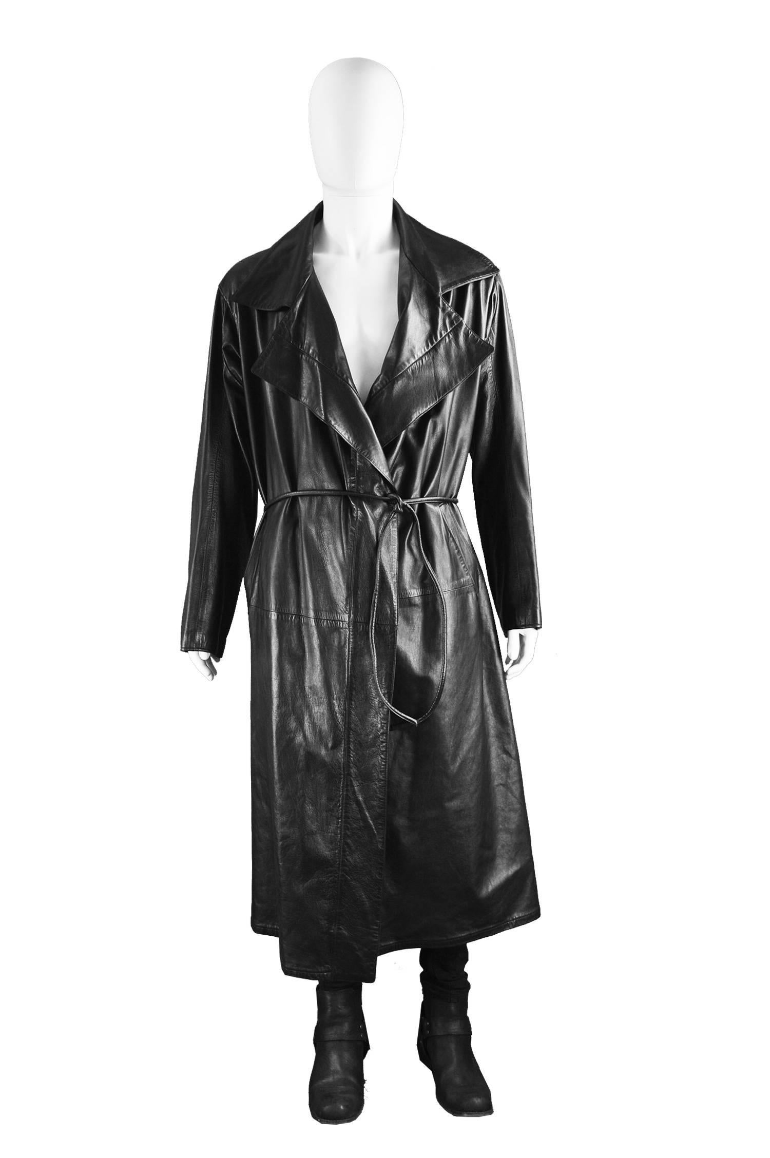 Gianni Versace Men's Black Italian Long Leather Maxi Trenchcoat, F/W 1998

Estimated Size: Men's Large to XL but this gives an intended loose, oversized fit. please check measurements. 
Chest - Up to 50” / 127cm
Waist - Free
Length (Shoulder to Hem)