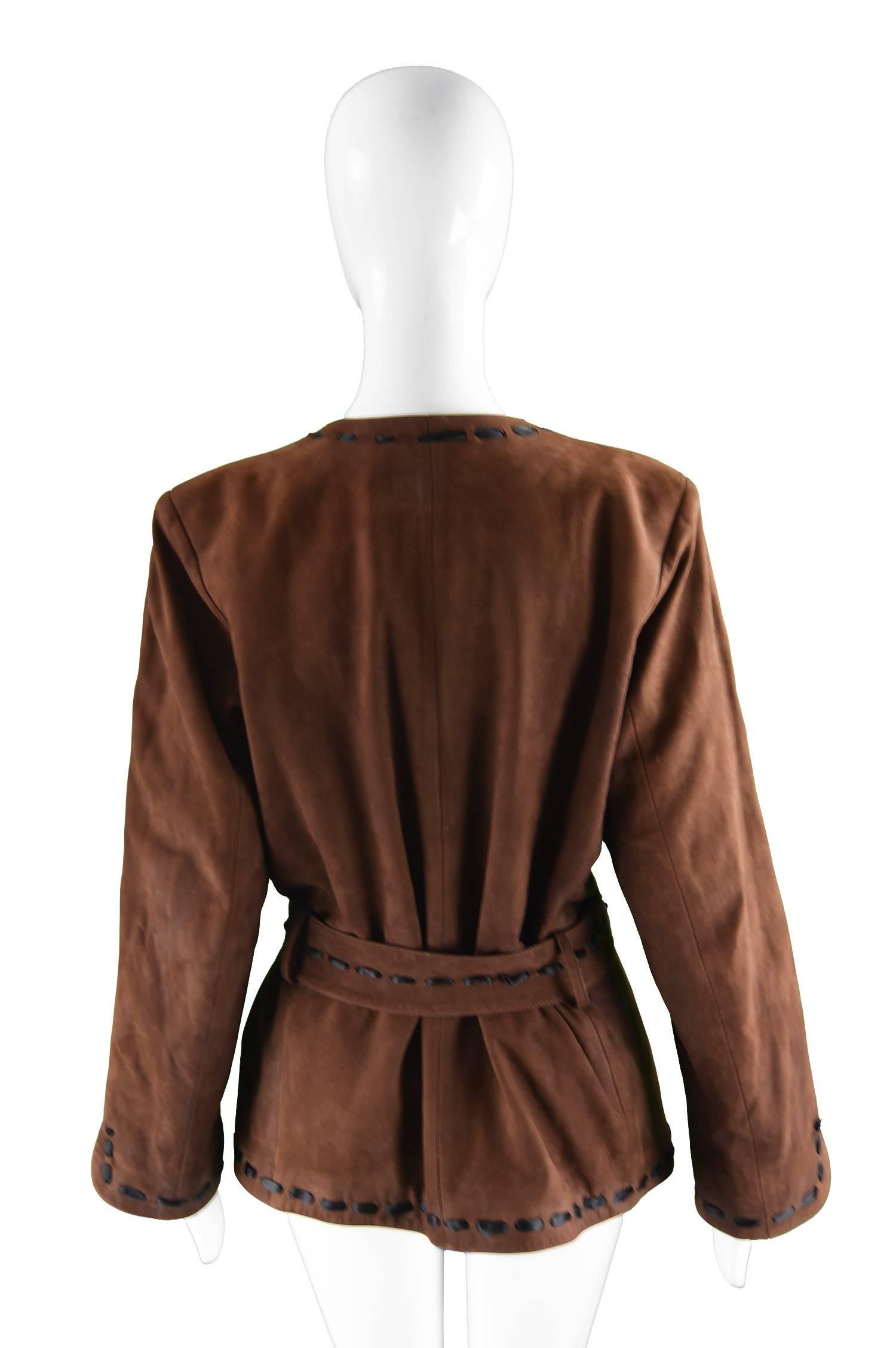 Yves Saint Laurent Brown Suede & Woven Satin Ribbon Vintage Jacket, 1990s 3