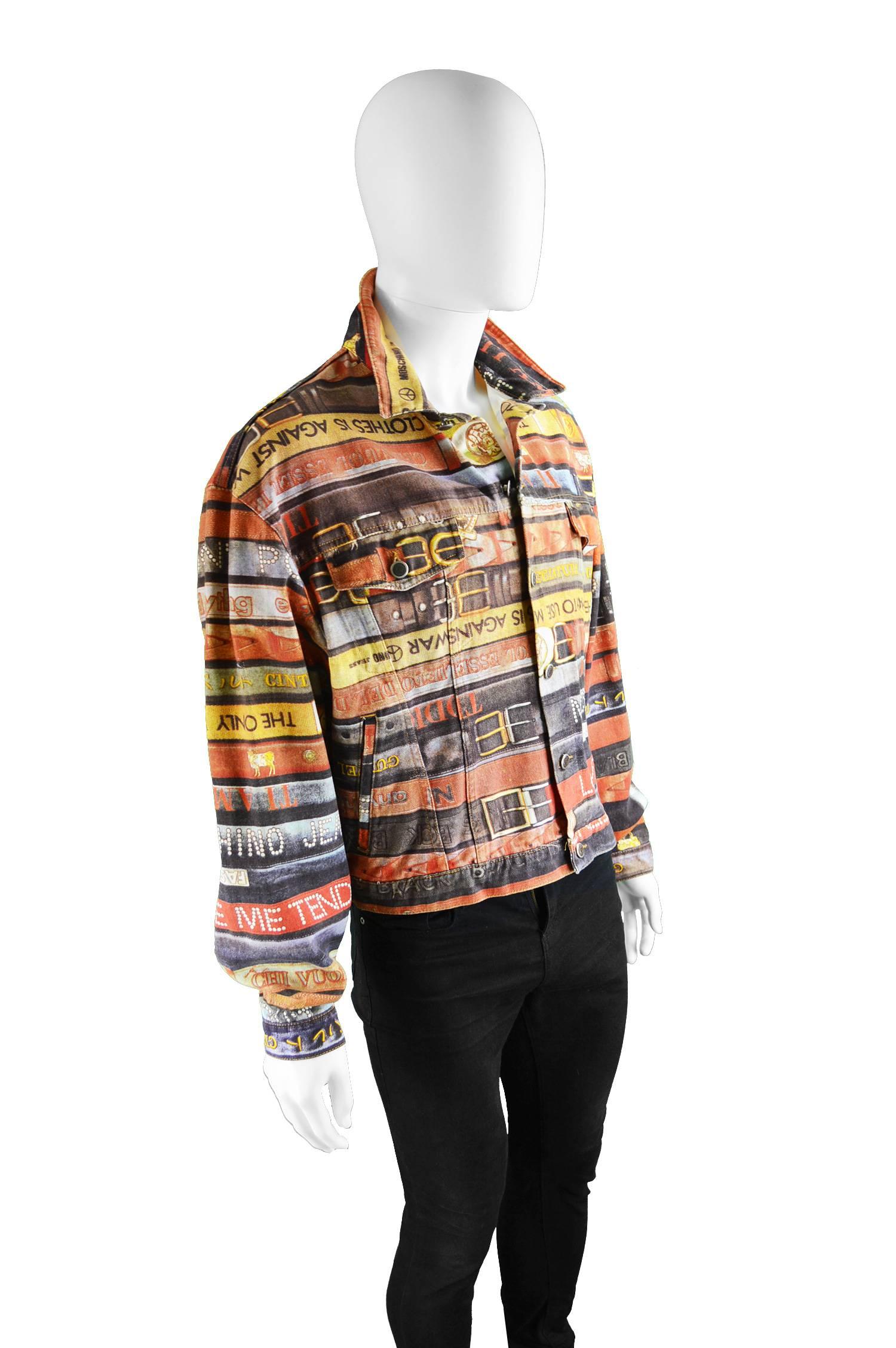 Brown Moschino Iconic Belt Print Men's Vintage Denim Jacket, 1990s For Sale