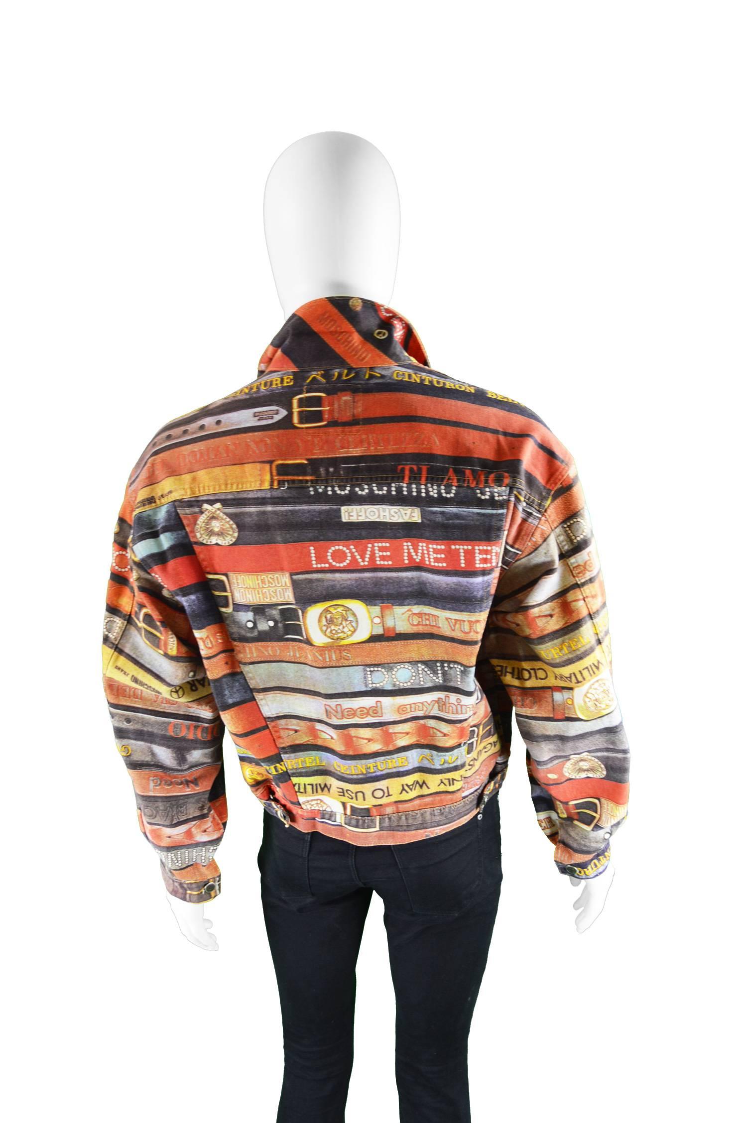 Women's or Men's Moschino Iconic Belt Print Men's Vintage Denim Jacket, 1990s For Sale