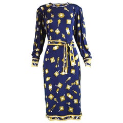 Leonard Paris Navy Blue & Gold Baroque Mirror Print Jersey Dress, 1980s 9