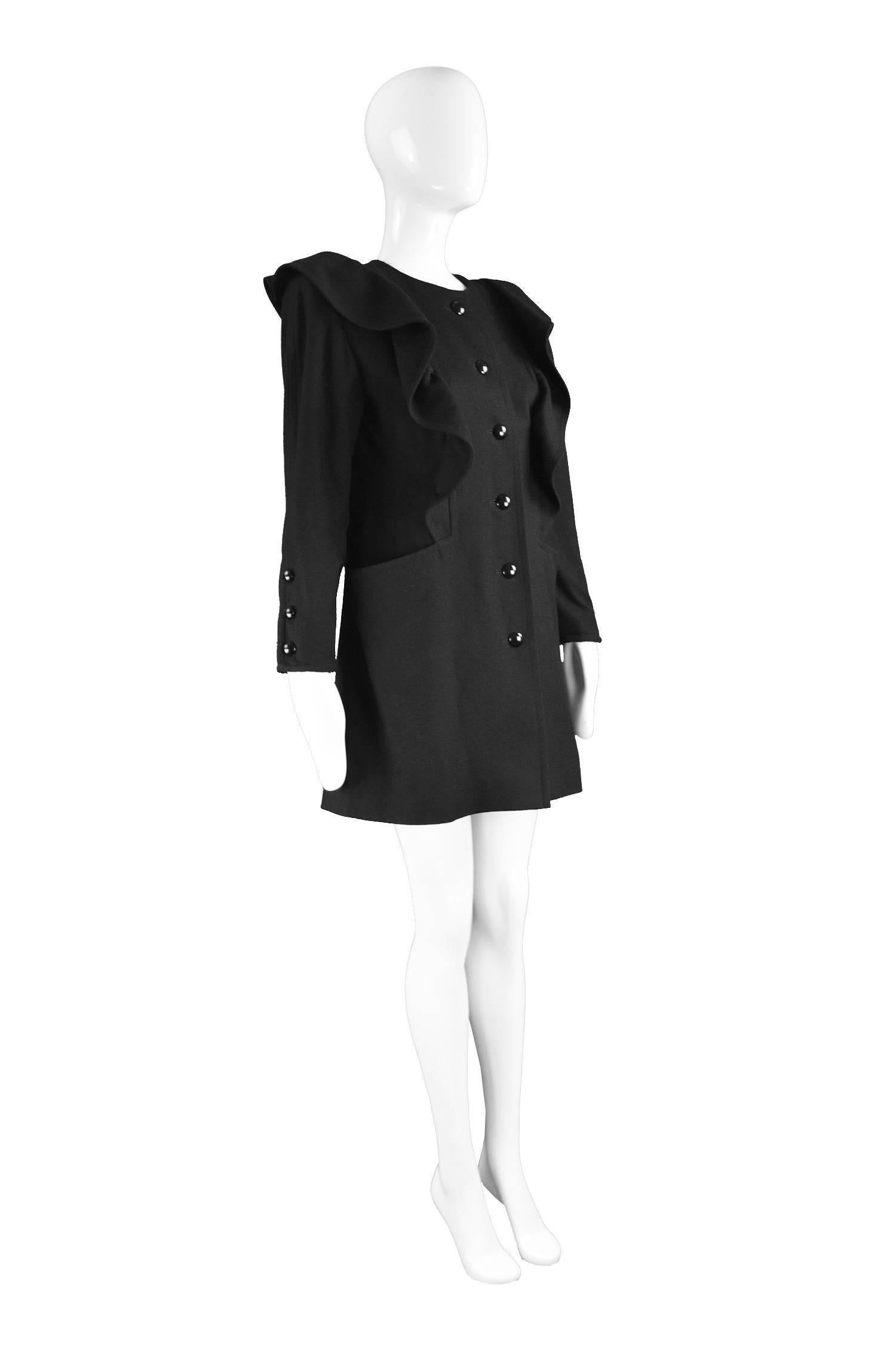 Nina Ricci Vintage Ruffled Detail  Black Wool Coat, 1980s In Excellent Condition For Sale In Doncaster, South Yorkshire