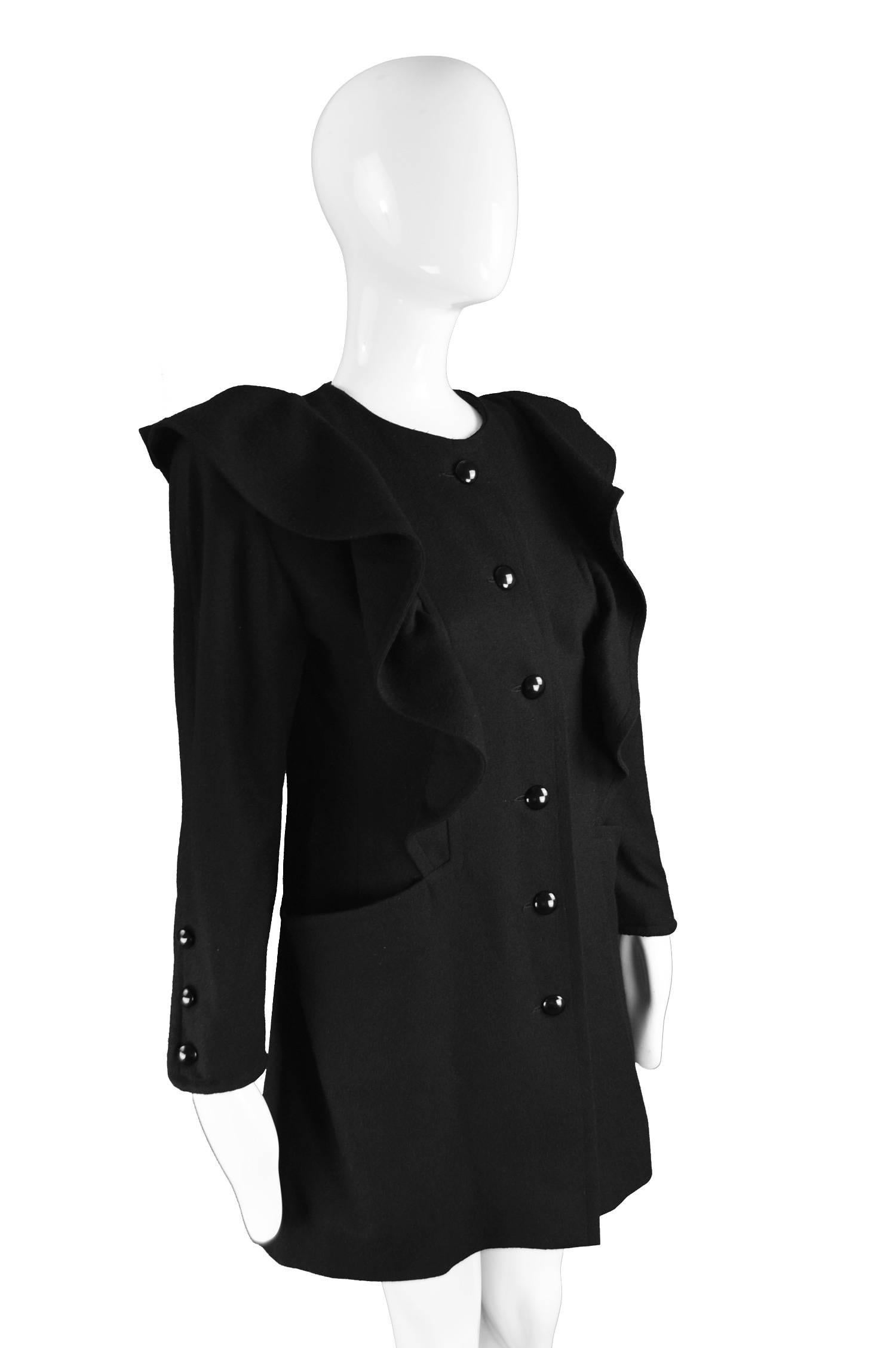 Nina Ricci Vintage Ruffled Detail  Black Wool Coat, 1980s For Sale 2