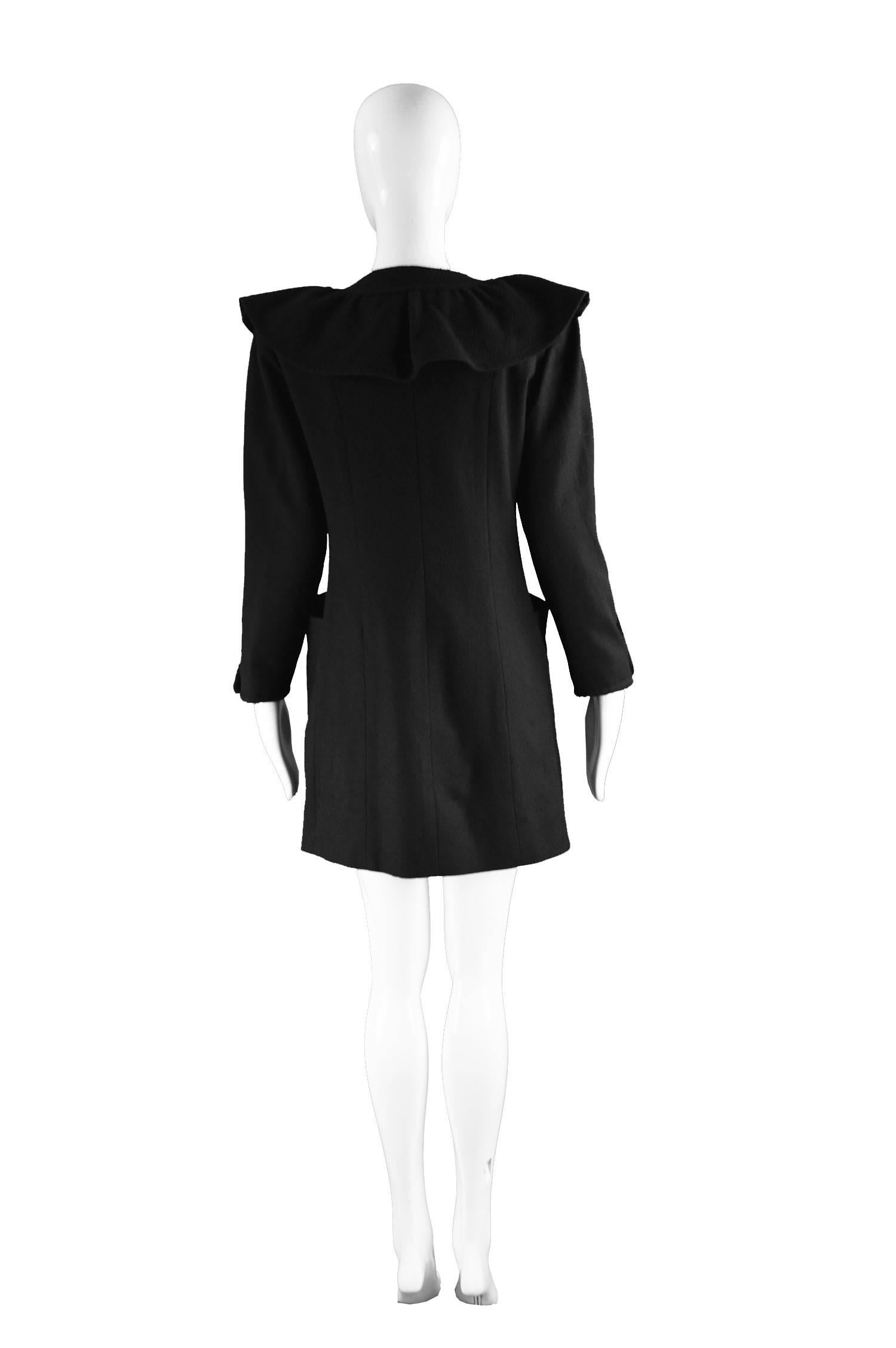 Nina Ricci Vintage Ruffled Detail  Black Wool Coat, 1980s For Sale 3