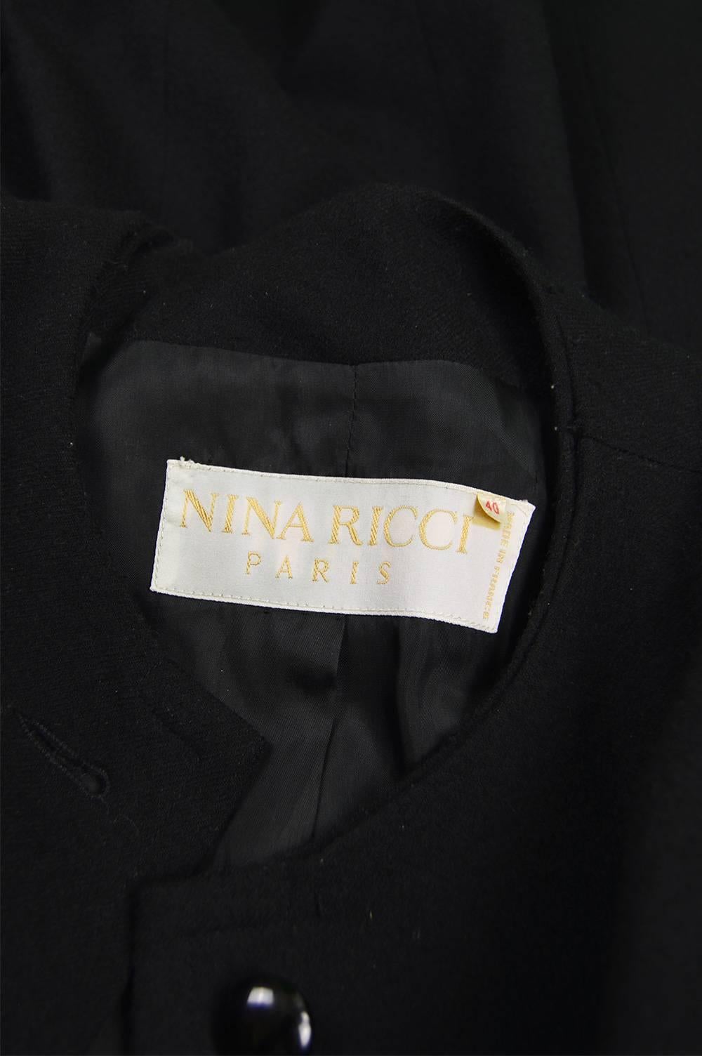 Nina Ricci Vintage Ruffled Detail  Black Wool Coat, 1980s For Sale 5