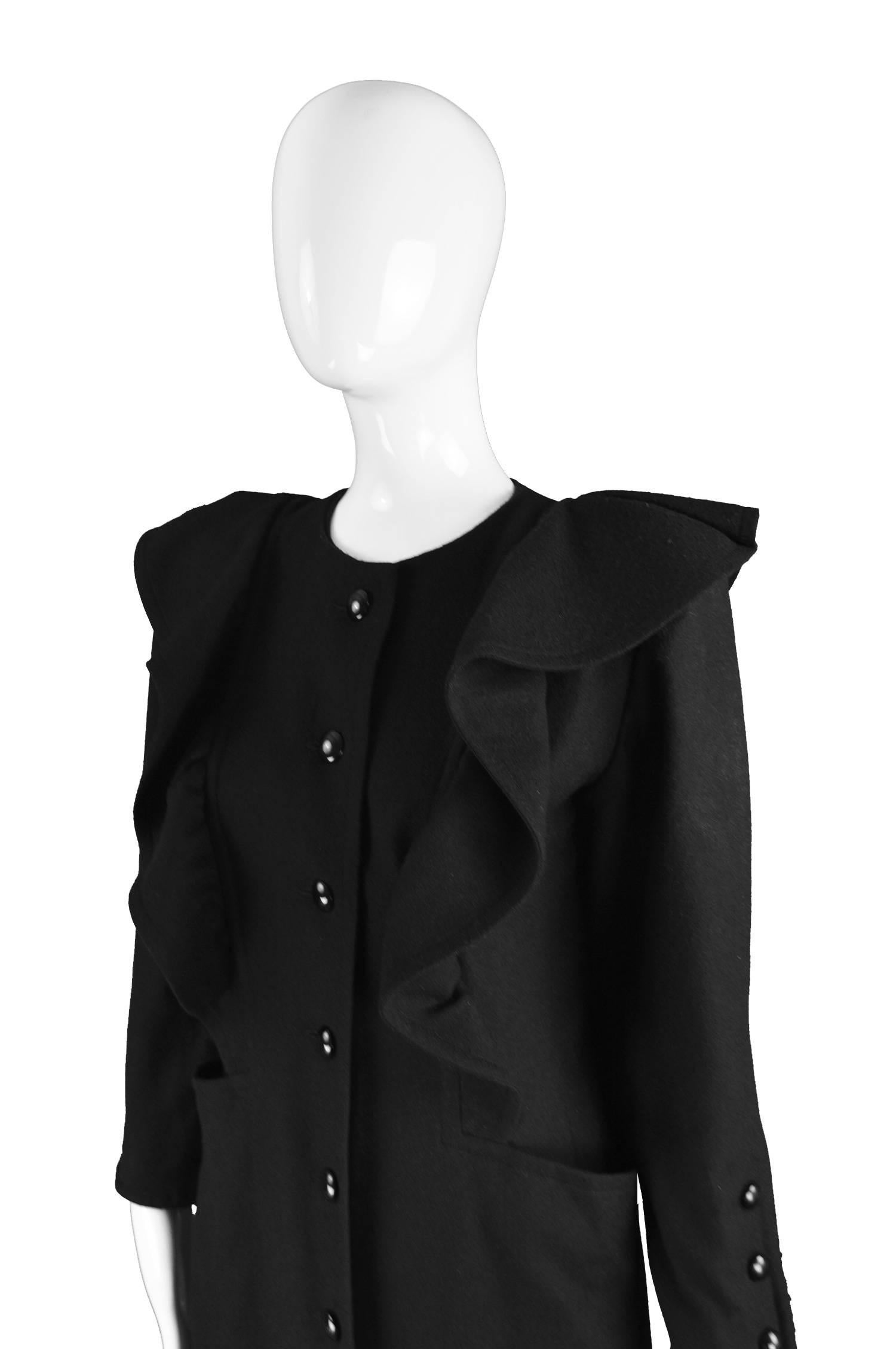 Nina Ricci Vintage Ruffled Detail  Black Wool Coat, 1980s For Sale 1