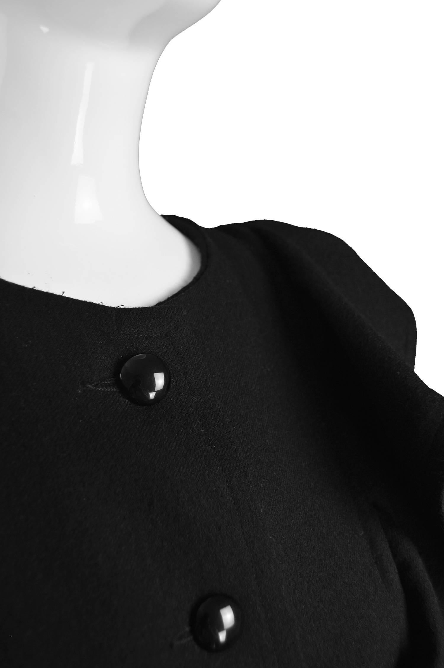 Women's Nina Ricci Vintage Ruffled Detail  Black Wool Coat, 1980s For Sale