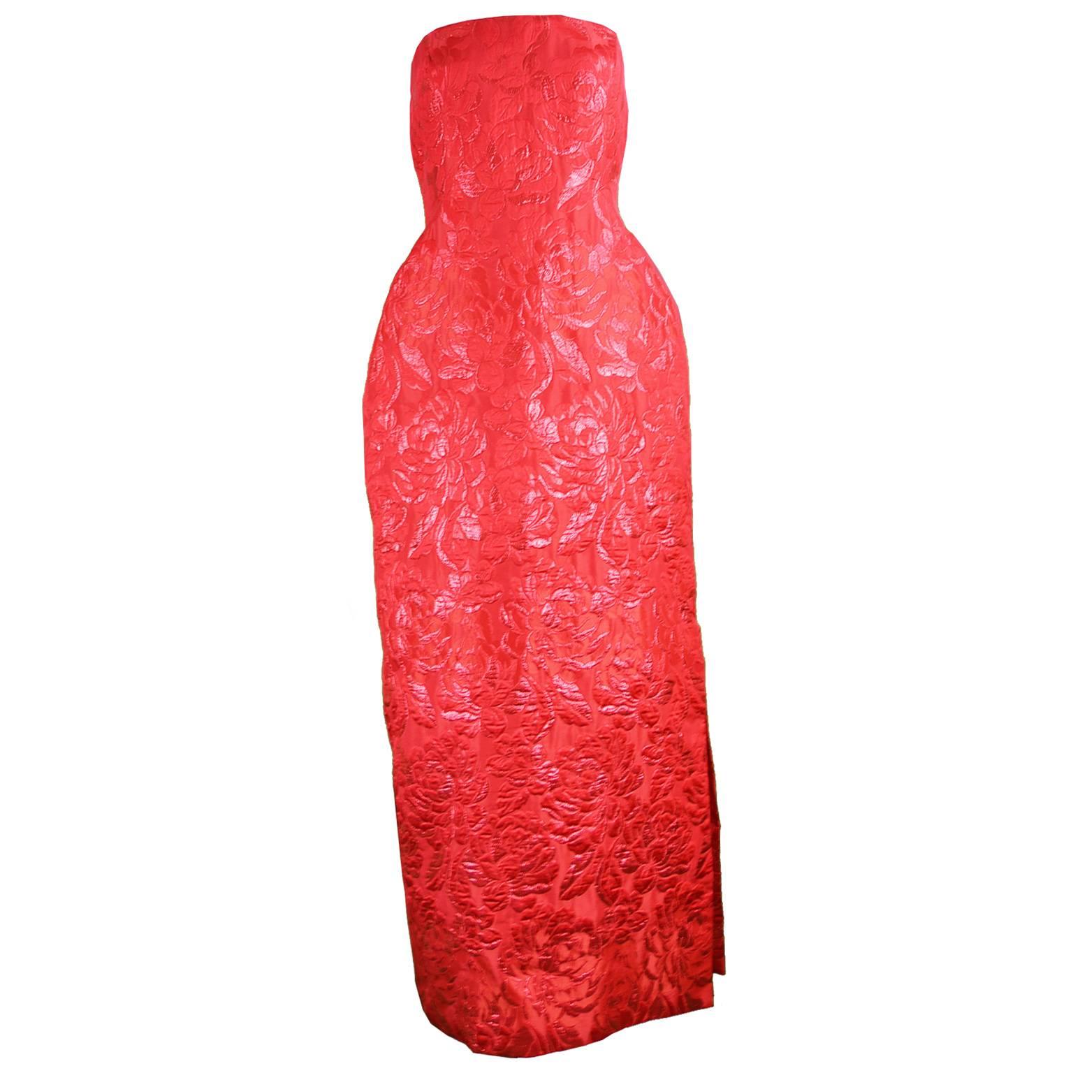 Arnold Scaasi Vintage Red Floral Lamé Brocade Strapless Evening Dress, 1980s