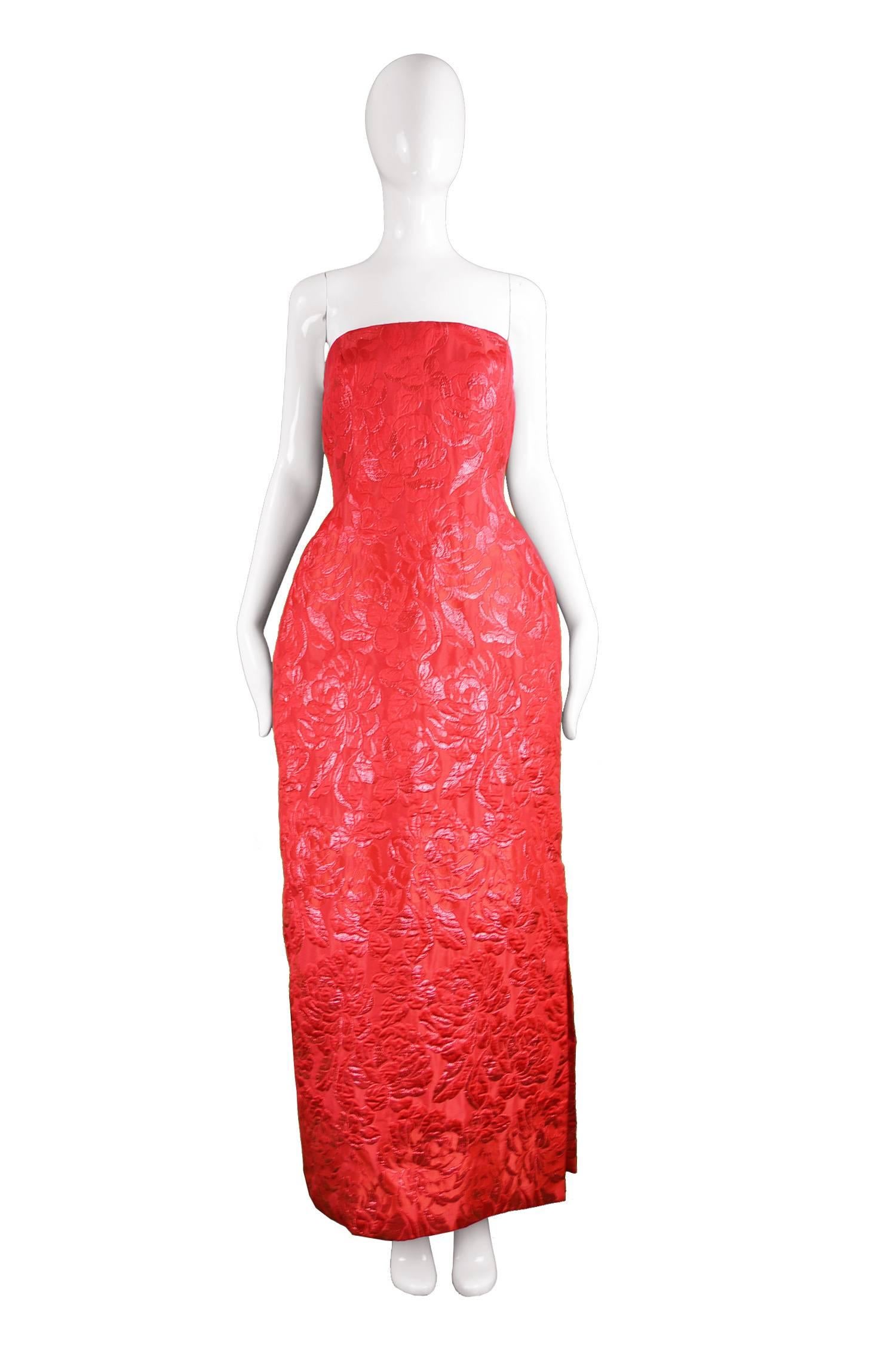 Arnold Scaasi Vintage Red Floral Lamé Brocade Strapless Evening Dress, 1980s

Size: fits roughly like a modern women's UK 10/ US 6/ EU 38. Please check measurements to ensure fit.
Bust - 33” / 84cm
Waist - 28” / 71cm
Hips - up to 44” / 112cm
Length