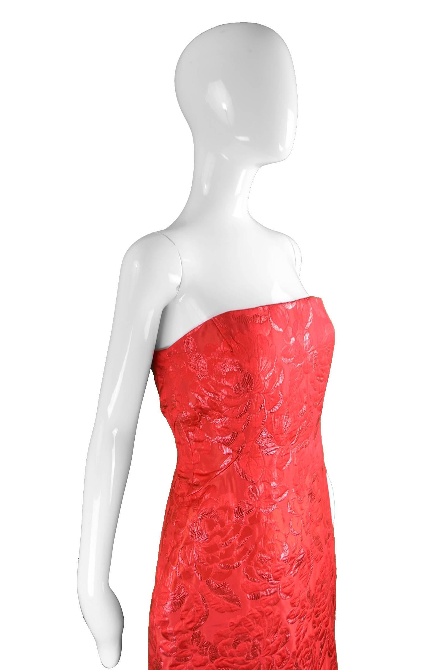 Women's Arnold Scaasi Vintage Red Floral Lamé Brocade Strapless Evening Dress, 1980s