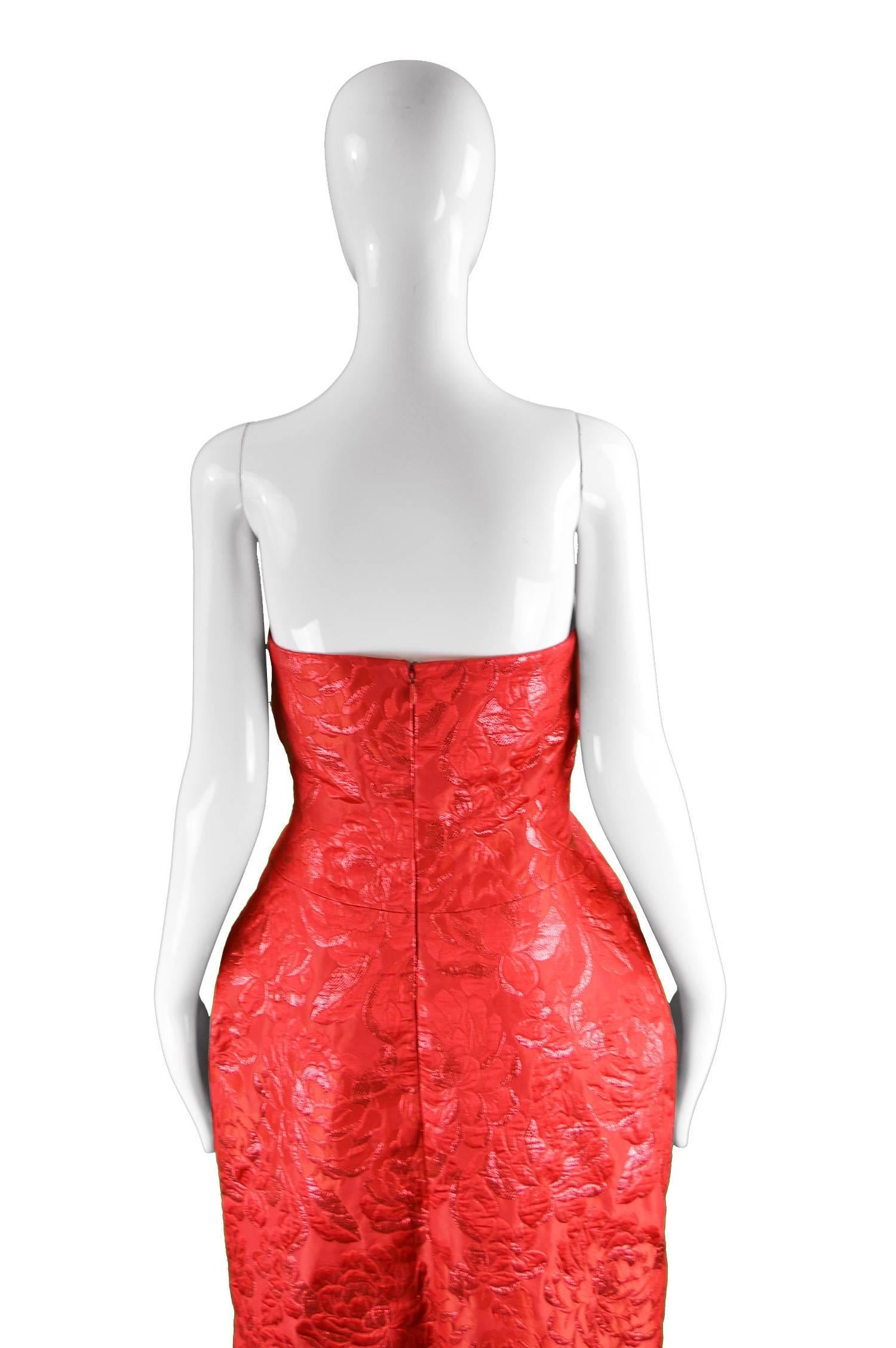 Arnold Scaasi Vintage Red Floral Lamé Brocade Strapless Evening Dress, 1980s 3