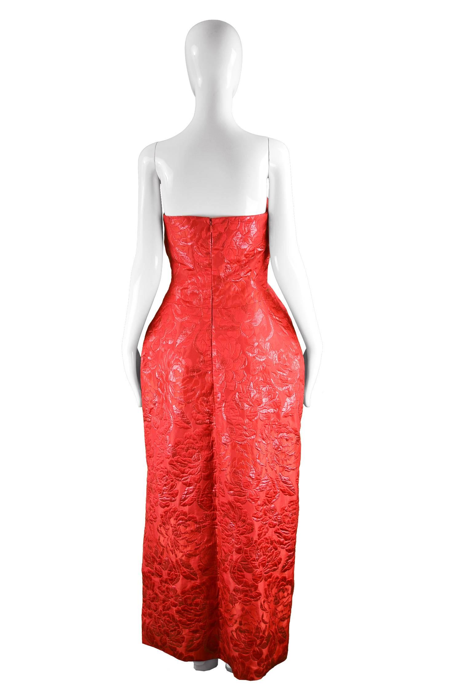 Arnold Scaasi Vintage Red Floral Lamé Brocade Strapless Evening Dress, 1980s 2