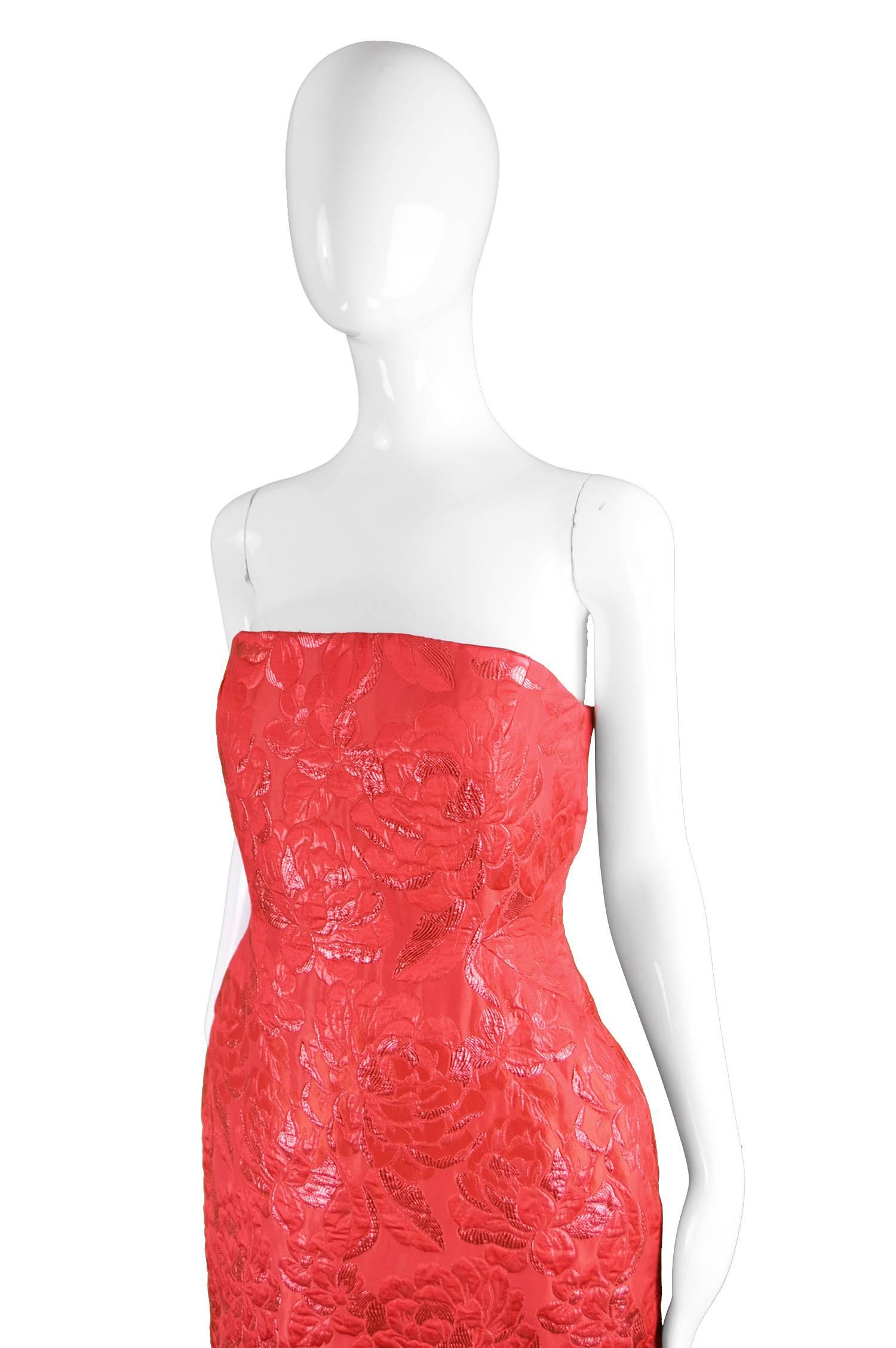 Arnold Scaasi Vintage Red Floral Lamé Brocade Strapless Evening Dress, 1980s 1