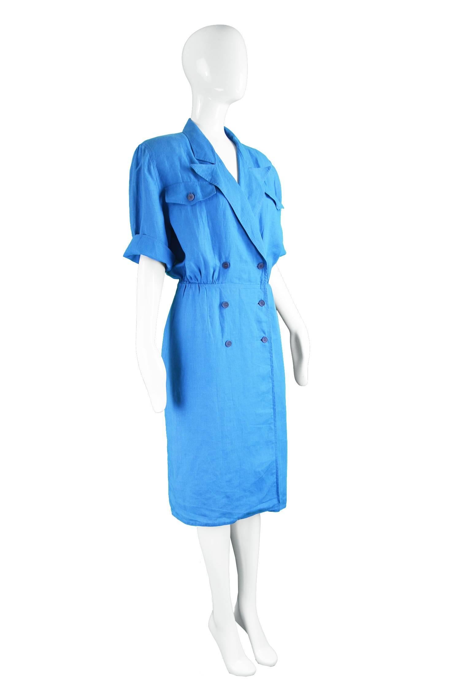 Women's Gucci Vintage Bold Shoulder Blue Linen Double Breasted Day Dress, 1980s