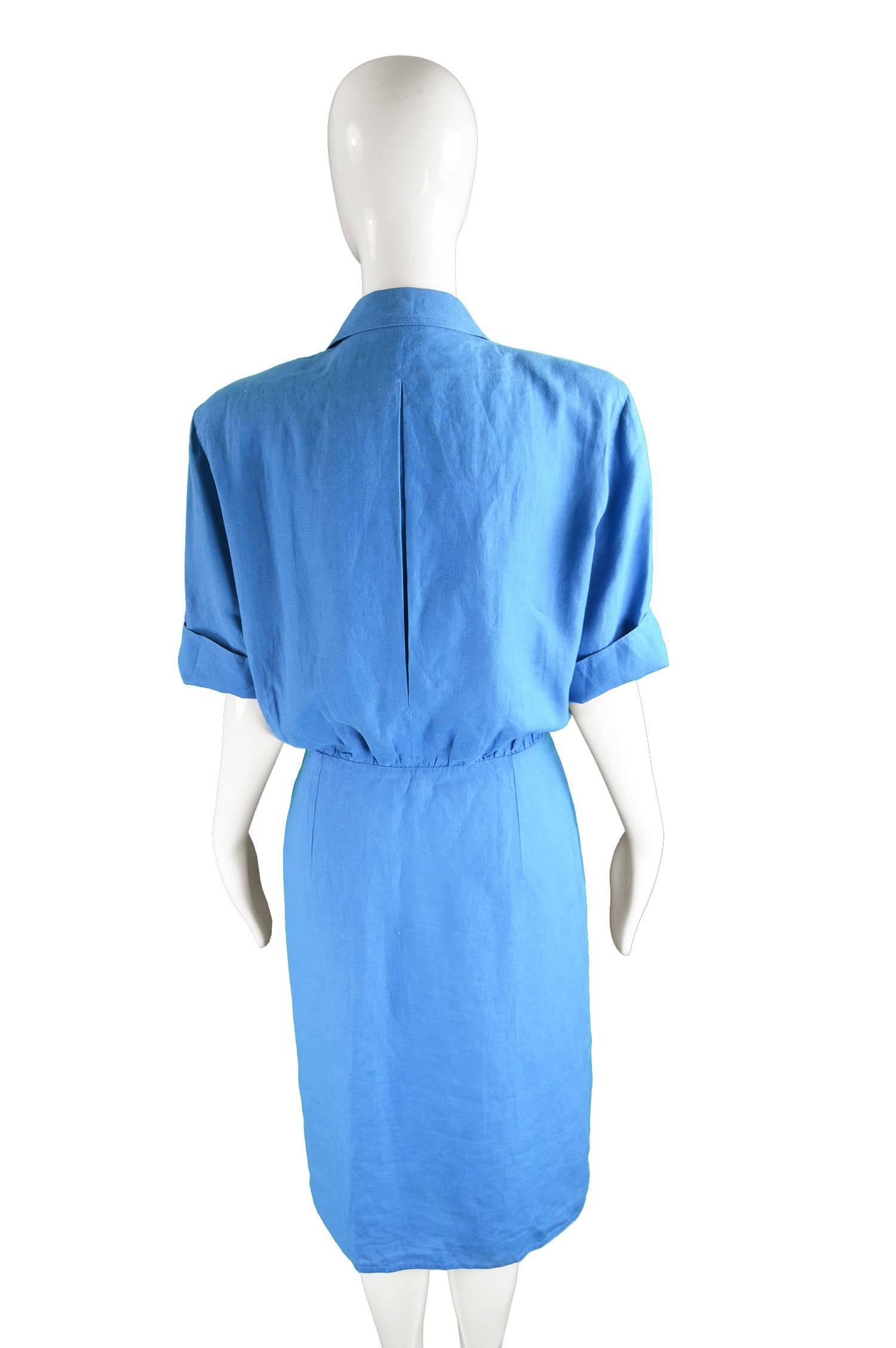 Gucci Vintage Bold Shoulder Blue Linen Double Breasted Day Dress, 1980s 2