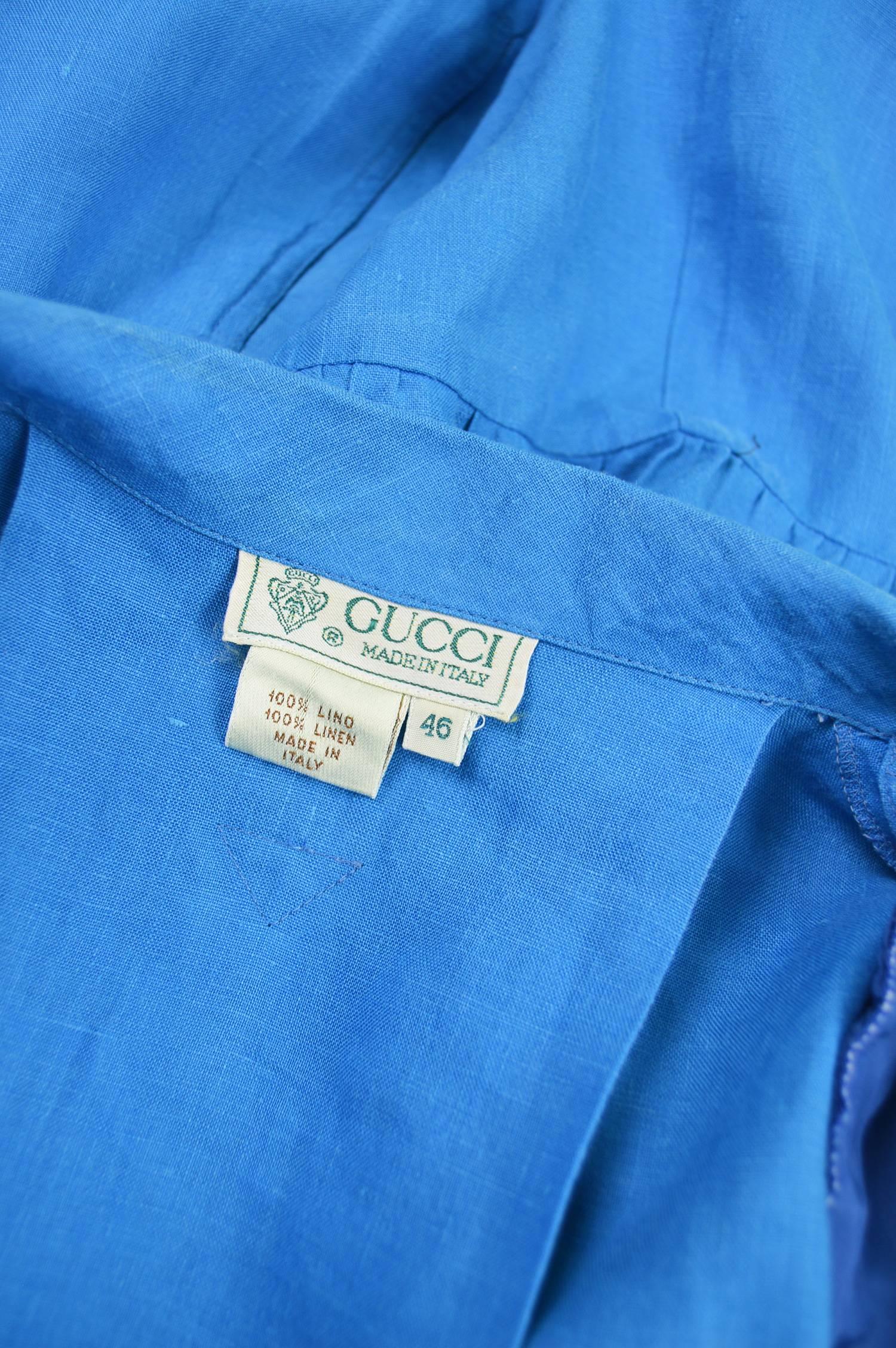 Gucci Vintage Bold Shoulder Blue Linen Double Breasted Day Dress, 1980s 3