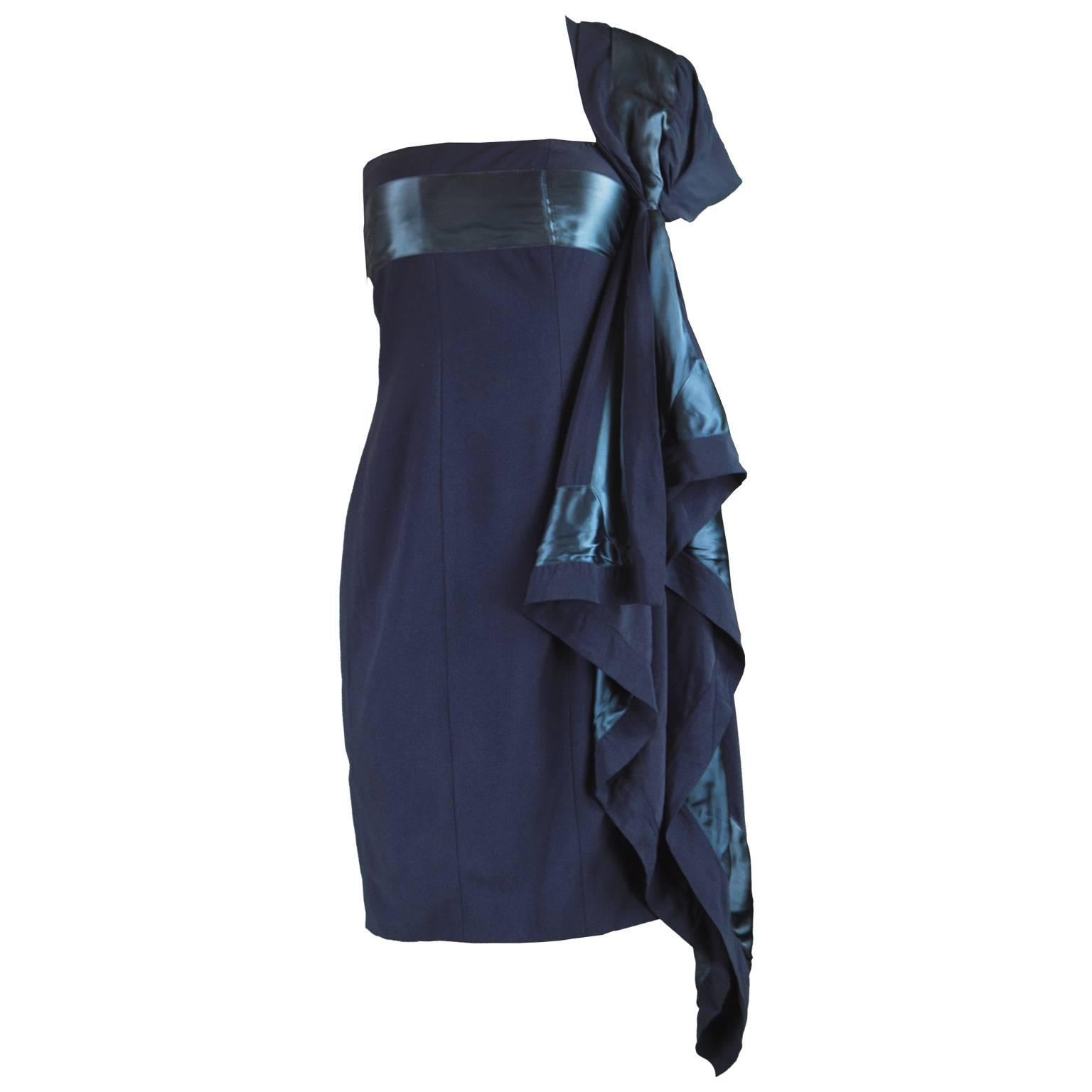 Gianfranco Ferre Vintage Navy Blue Crepe and Satin Shoulder Train Dress, 1990s For Sale