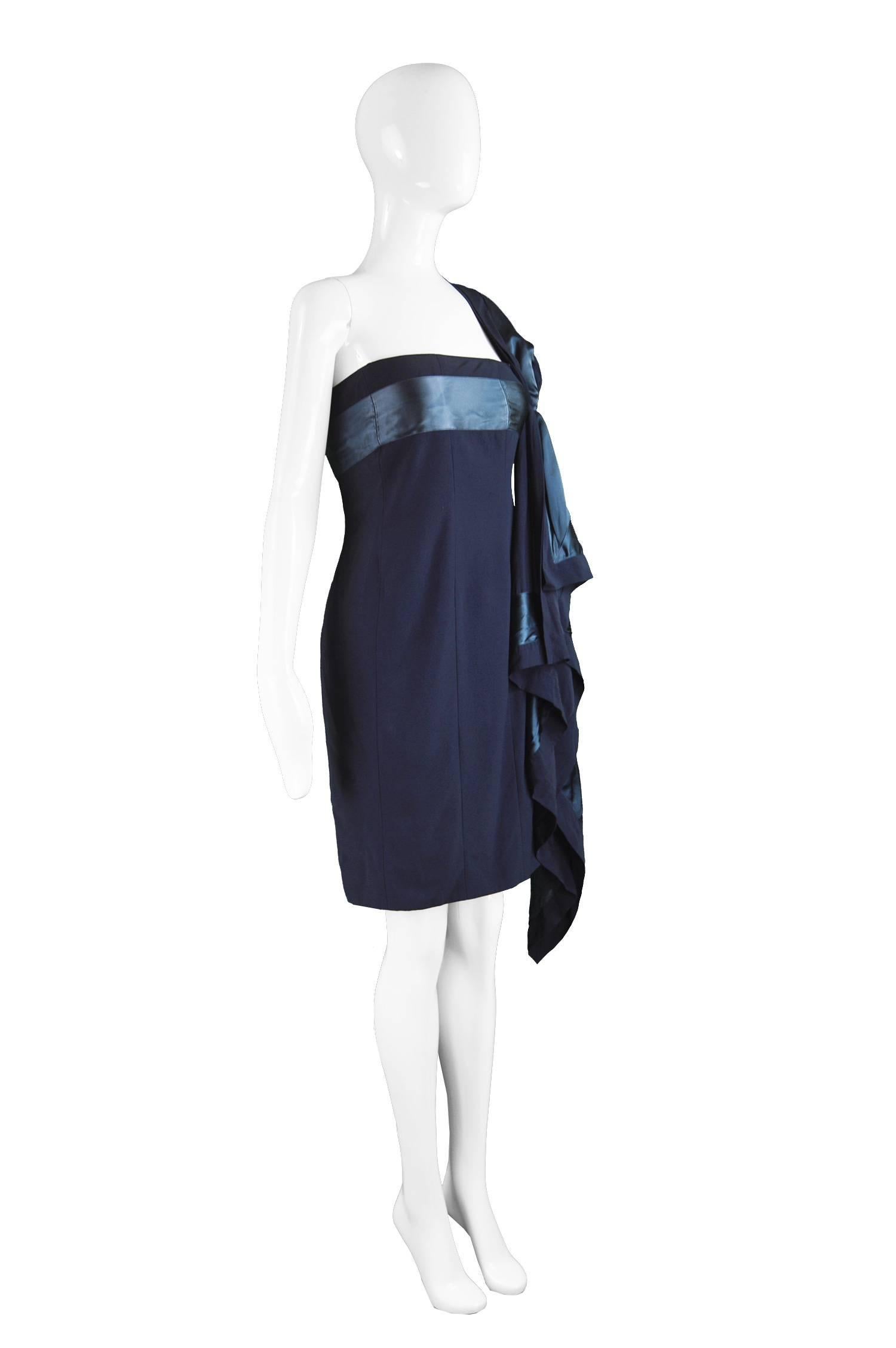 Women's Gianfranco Ferre Vintage Navy Blue Crepe and Satin Shoulder Train Dress, 1990s For Sale