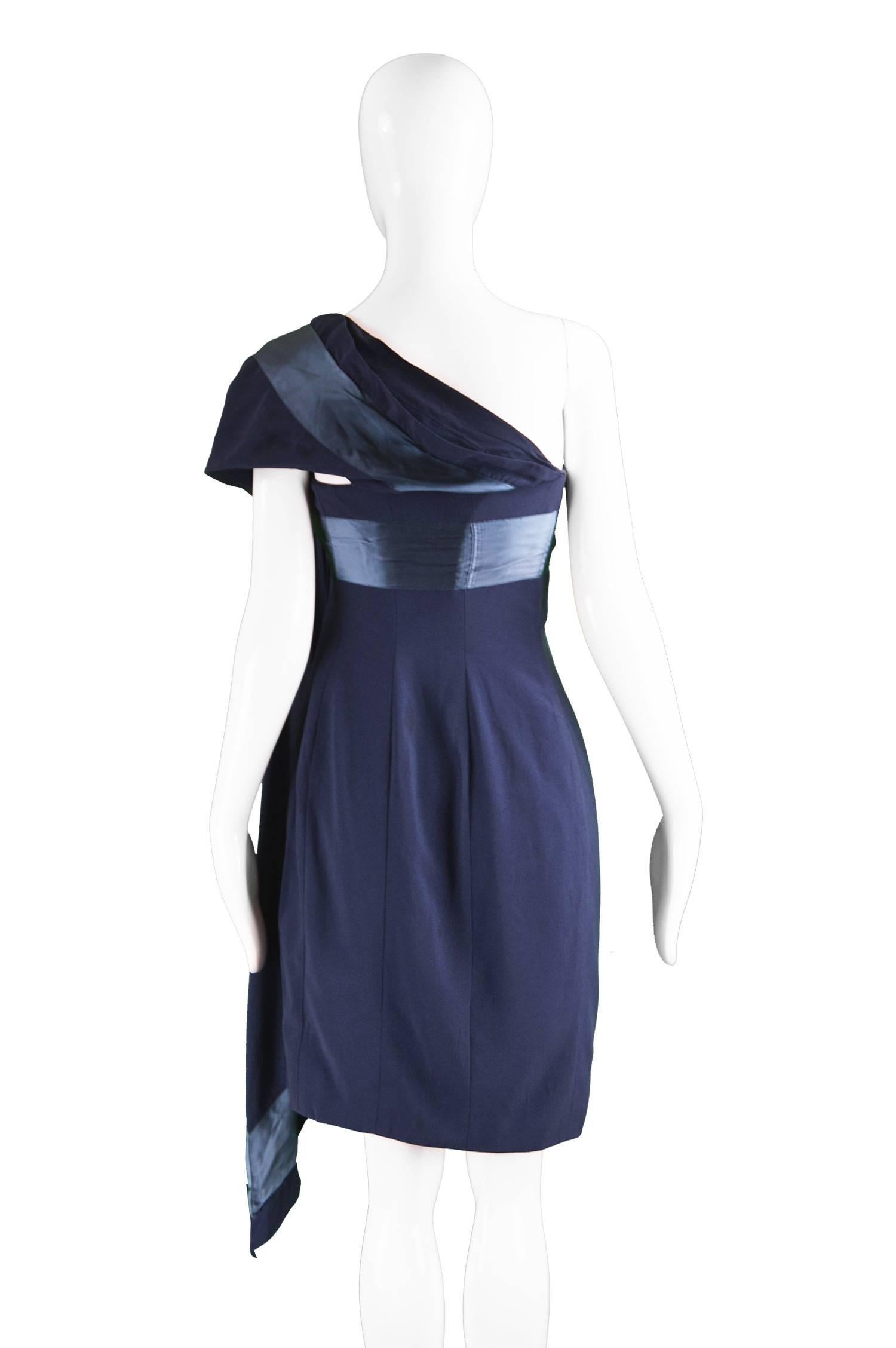 Gianfranco Ferre Vintage Navy Blue Crepe and Satin Shoulder Train Dress, 1990s For Sale 1