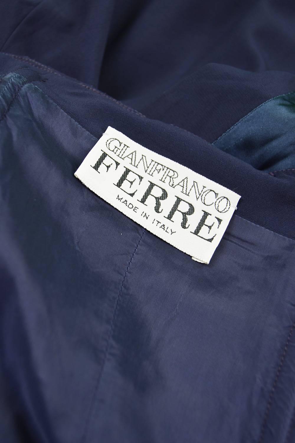 Gianfranco Ferre Vintage Navy Blue Crepe and Satin Shoulder Train Dress, 1990s For Sale 2