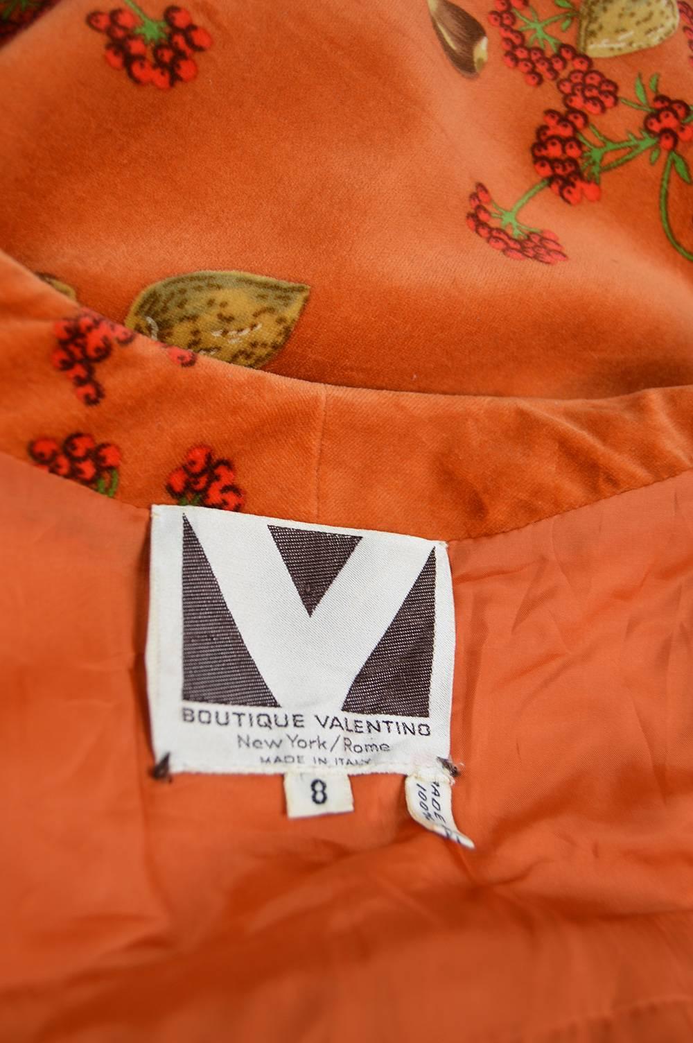 Valentino Rare Acorn Print Burnt Orange Velvet 2 Piece Skirt Suit, 1970s 2