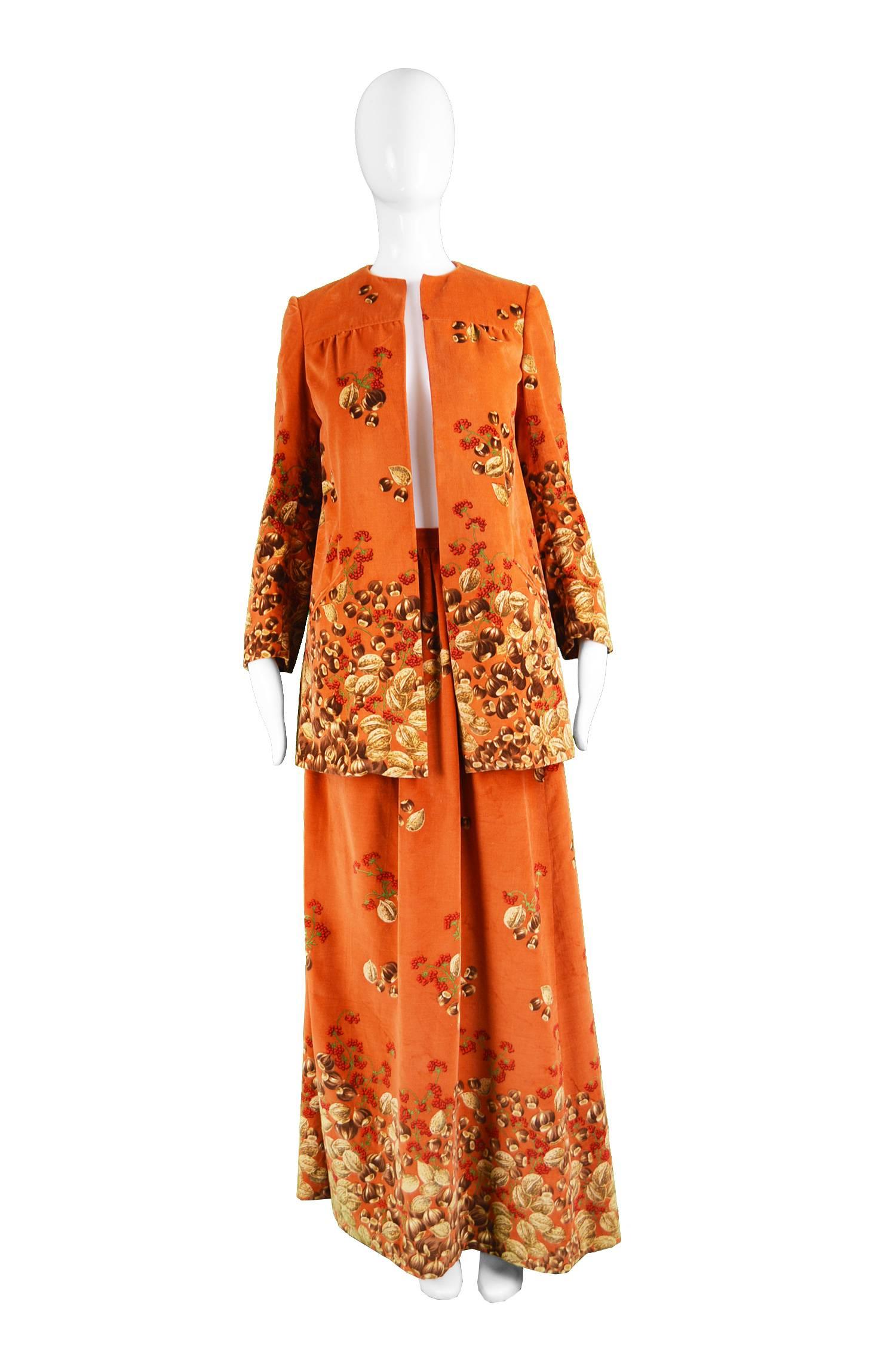 Valentino Rare Acorn Print Burnt Orange Velvet 2 Piece Skirt Suit, 1970s

Estimated Size: Women's XS. Please check measurements. 
*Jacket*
Bust - up to 36” / 91cm (meant to have a loose fit)
Length (Shoulder to Hem) - 29” / 73cm
Shoulder to Shoulder