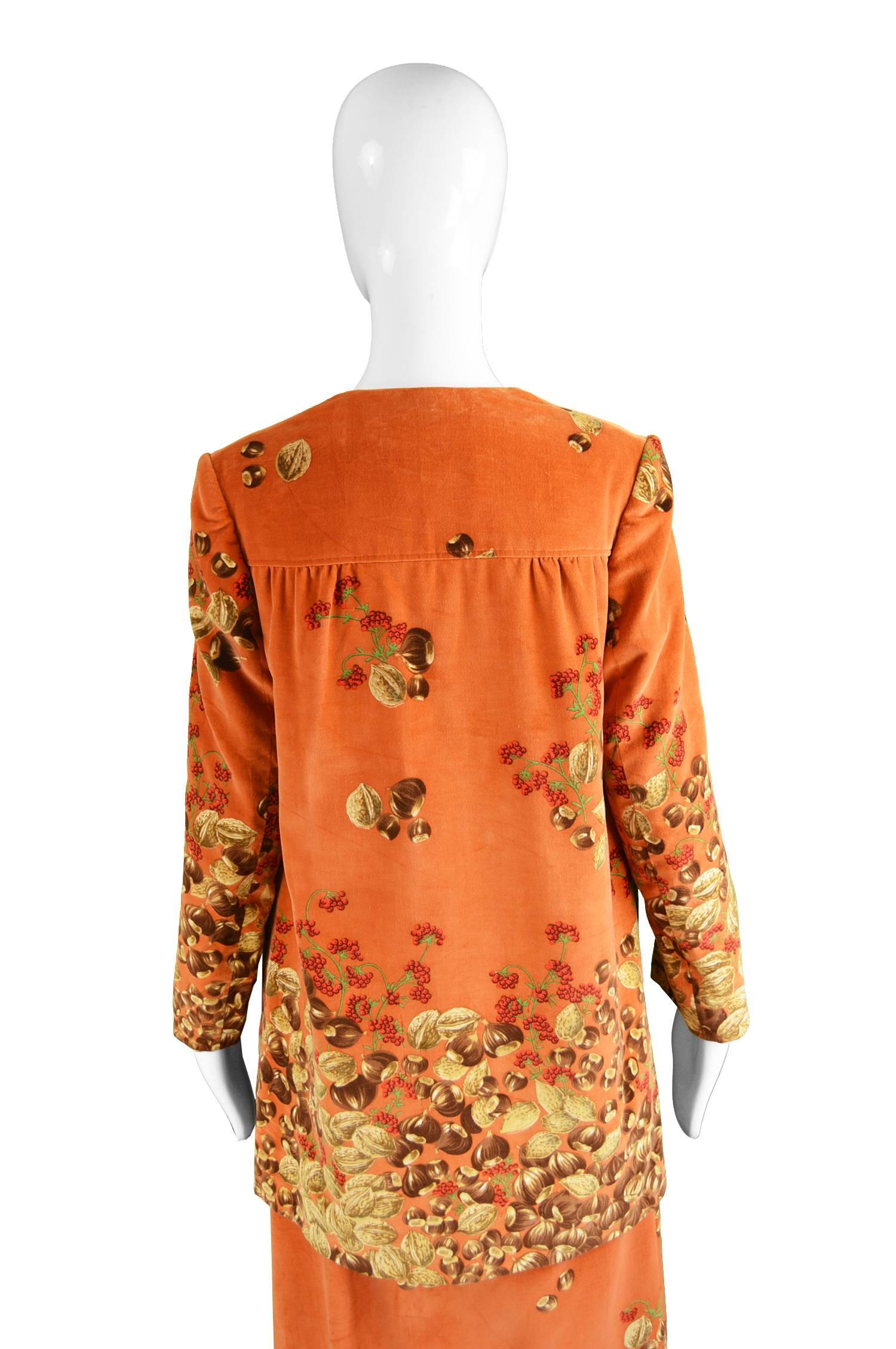 Valentino Rare Acorn Print Burnt Orange Velvet 2 Piece Skirt Suit, 1970s 1