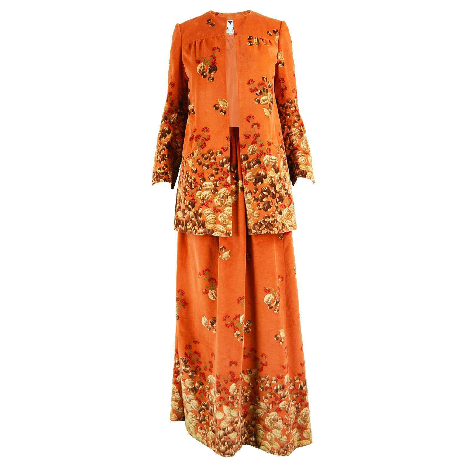 Valentino Rare Acorn Print Burnt Orange Velvet 2 Piece Skirt Suit, 1970s