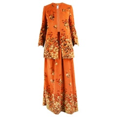 Valentino Rare Acorn Print Burnt Orange Velvet 2 Piece Skirt Suit, 1970s