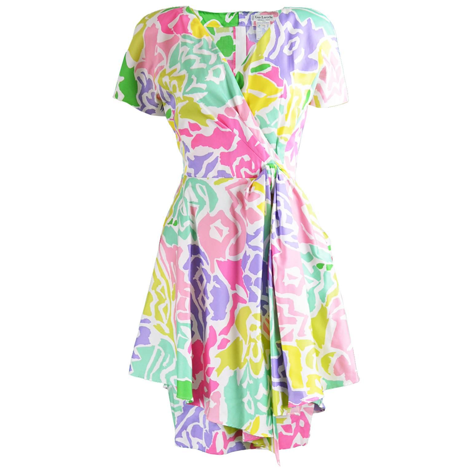 Guy Laroche Vintage Multicolored Cotton Peplum Flared Dress, 1980s For Sale