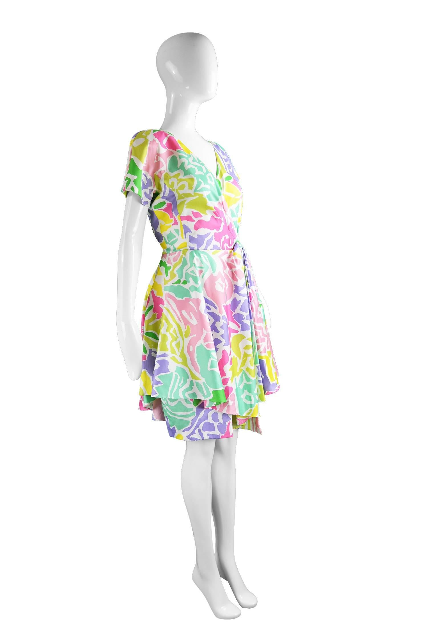 Women's Guy Laroche Vintage Multicolored Cotton Peplum Flared Dress, 1980s For Sale