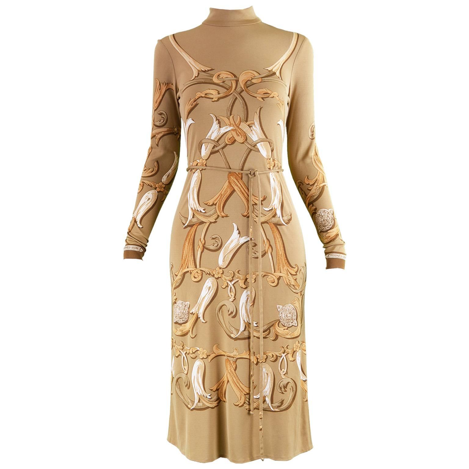 Hermes Paris Vintage Belted Brown Silk Jersey Shift Dress, 1970s For Sale