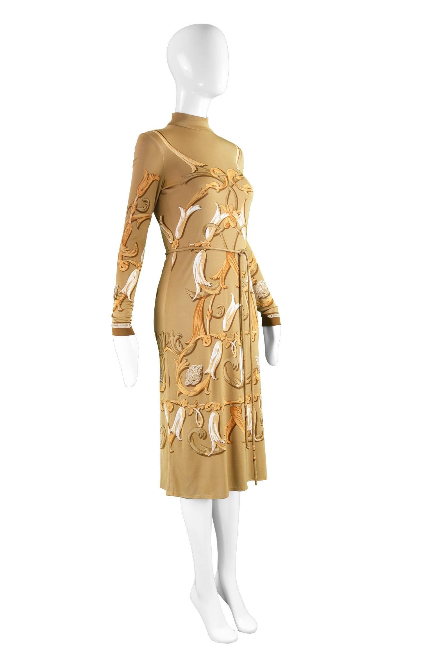 Hermes Paris Vintage Belted Brown Silk Jersey Shift Dress, 1970s For Sale 1