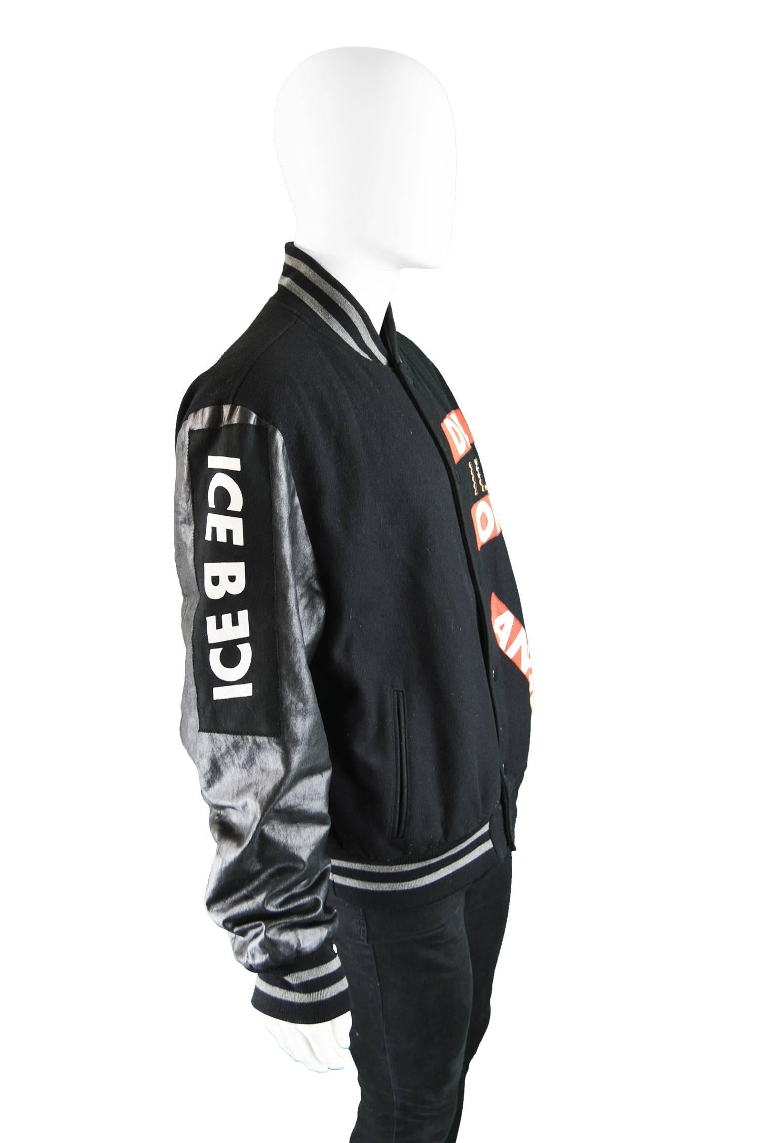 Black Iceberg Men's Vintage Baseball Jacket with Coated Sleeves, 1990s