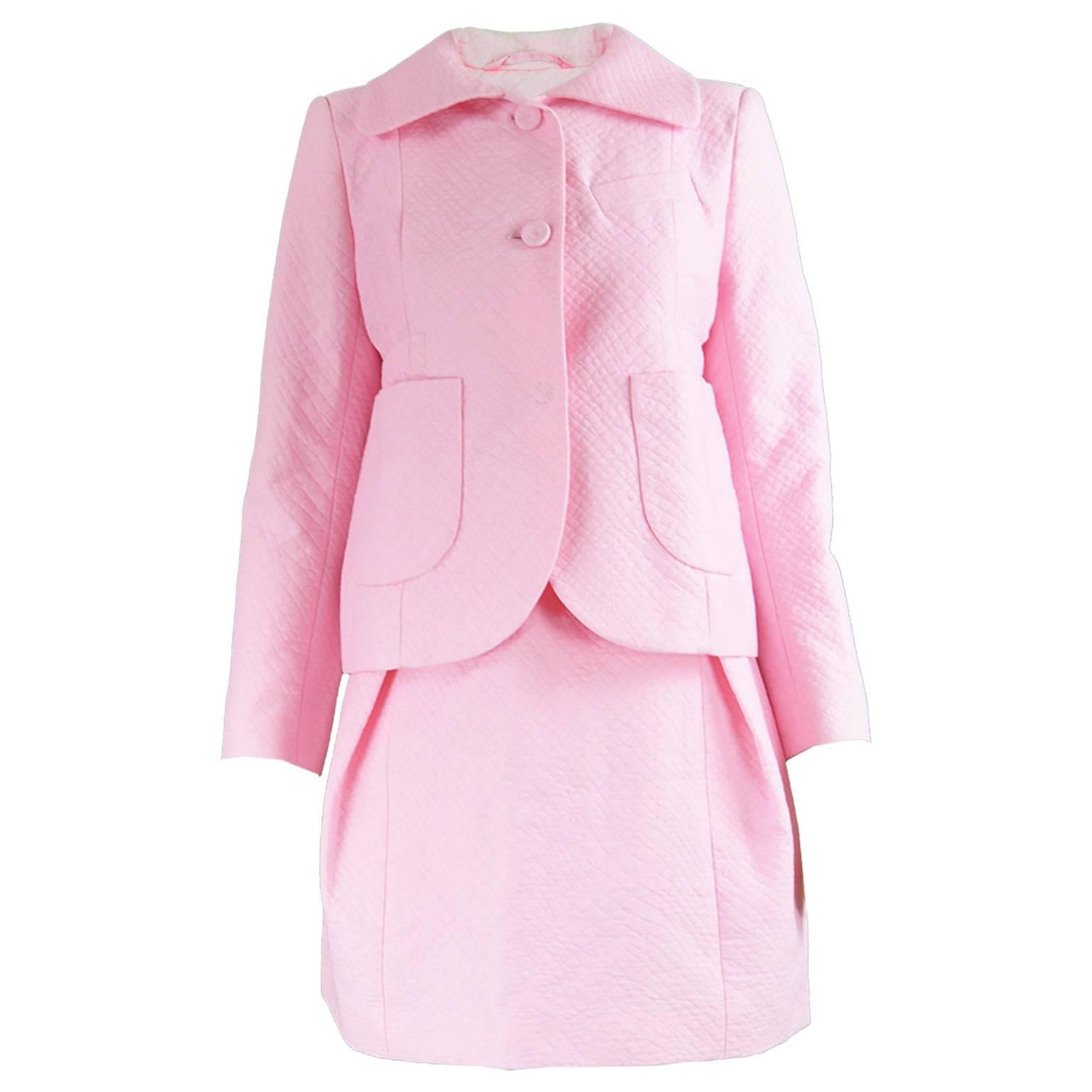 Unworn Carven Paris Baby Pink Quilted Cotton 2 Piece Jacket & Skirt Suit