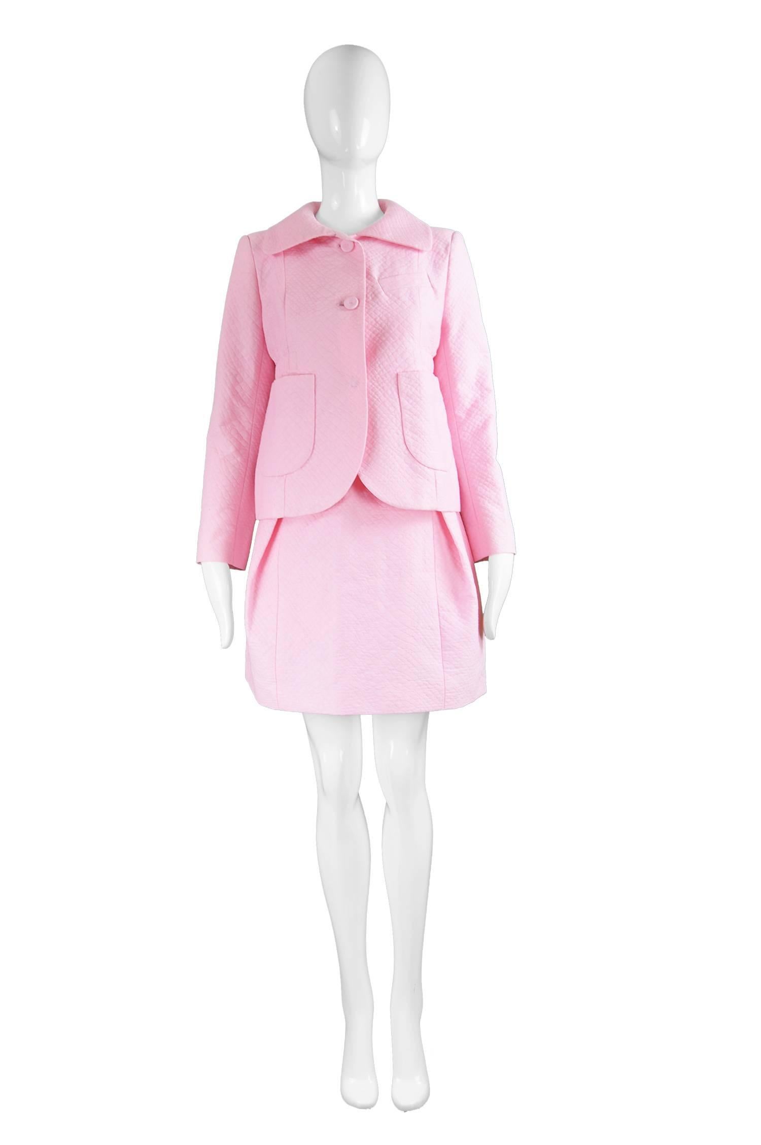 Carven Paris Baby Pink Quilted Cotton 2 Piece Jacket & Skirt Suit

Size: Marked 38 which is roughly a UK 10/ US 6. Please check measurements
Jacket
Bust - 36” / 91cm (please allow a couple of inches room for movement)
Length (Shoulder to Hem) -
