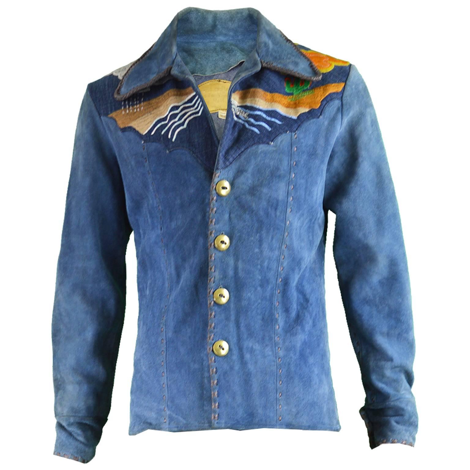 Handcrafted Mens Vintage Embroidered Whip Stitched Suede and Denim Jacket, 1970s