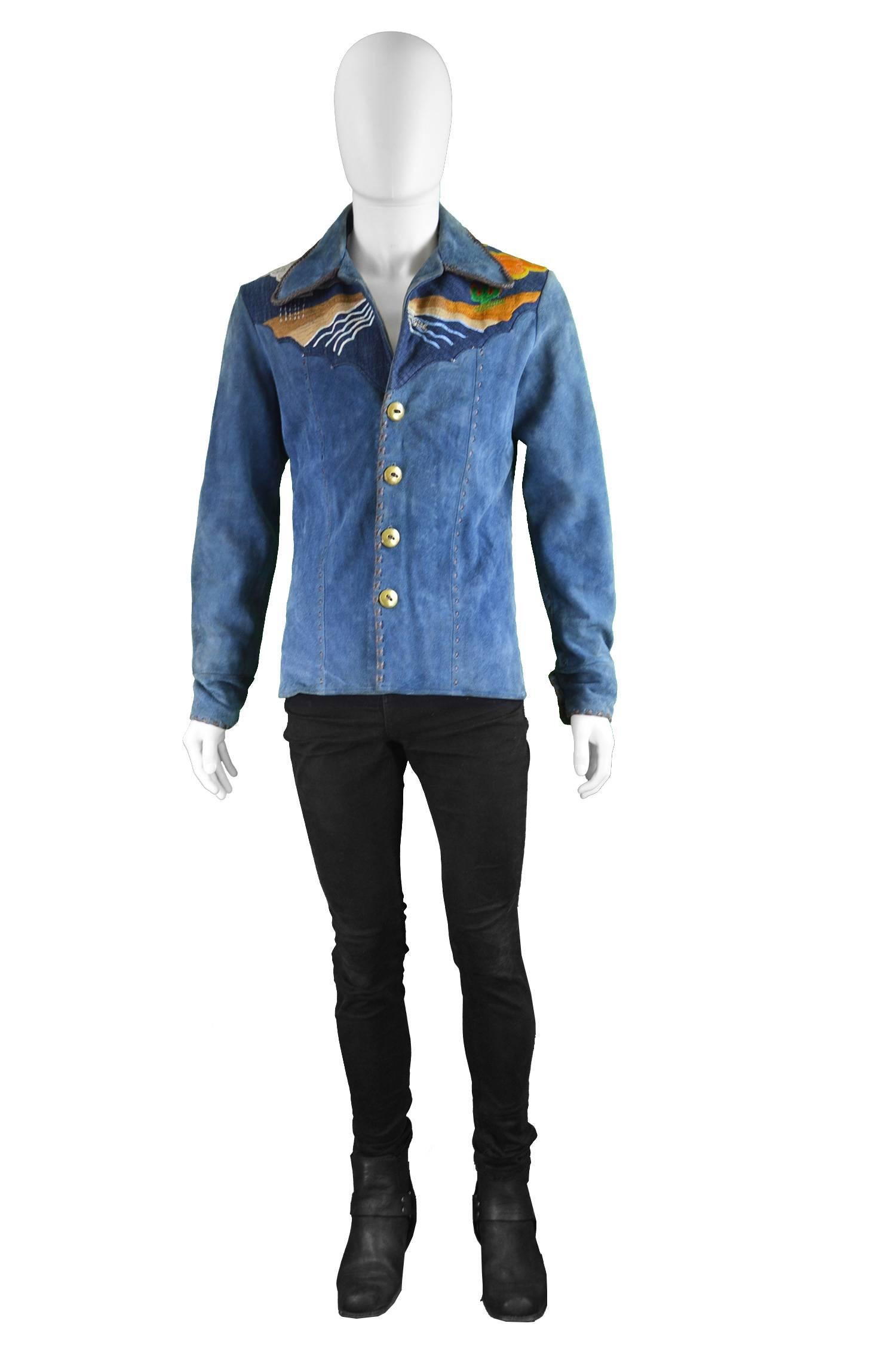 Handcrafted Men's Vintage Embroidered Whip Stitched Suede & Denim Jacket, 1970s

Estimated Size: Men's Small. Please check measurements to ensure fit.
Chest - 40” / 101cm (please allow a couple of inches room for movement underneath)
Waist - 34”