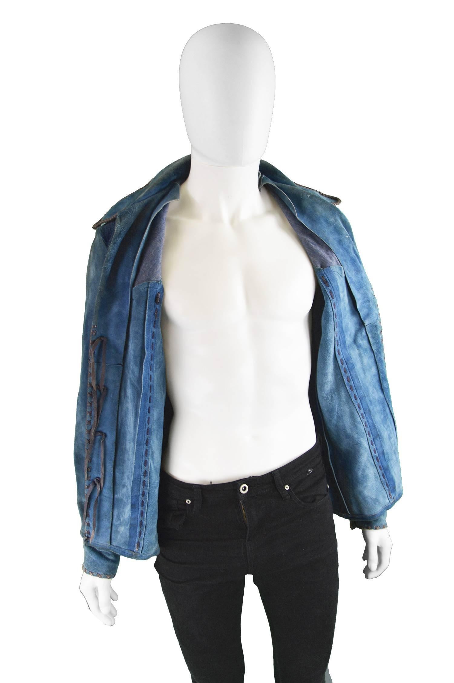 Handcrafted Mens Vintage Embroidered Whip Stitched Suede and Denim Jacket, 1970s 2