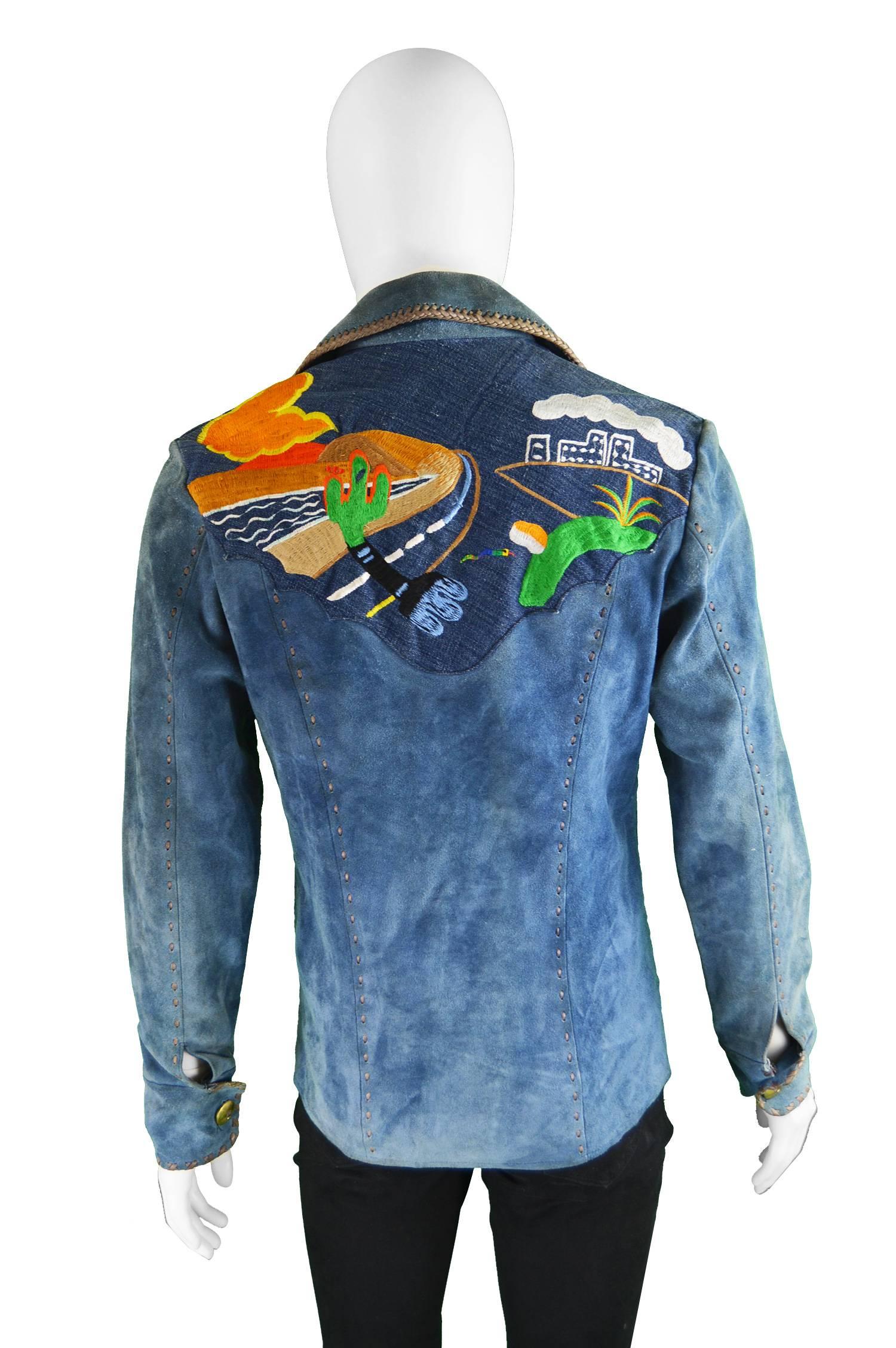 Men's Handcrafted Mens Vintage Embroidered Whip Stitched Suede and Denim Jacket, 1970s
