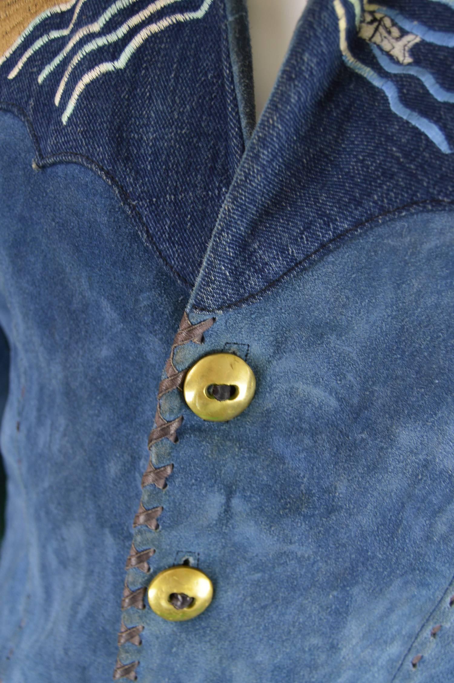 Handcrafted Mens Vintage Embroidered Whip Stitched Suede and Denim Jacket, 1970s In Excellent Condition In Doncaster, South Yorkshire