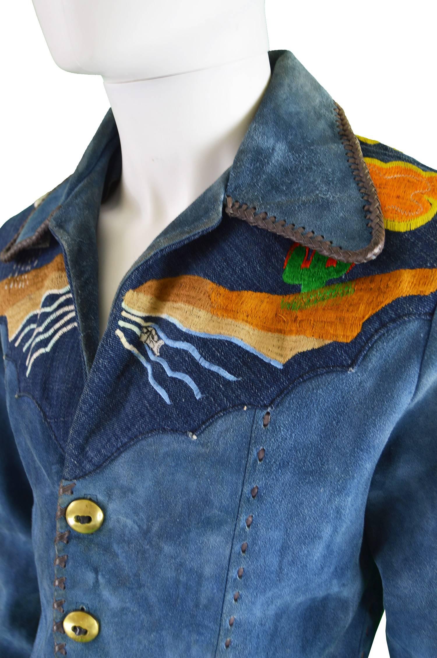 Blue Handcrafted Mens Vintage Embroidered Whip Stitched Suede and Denim Jacket, 1970s